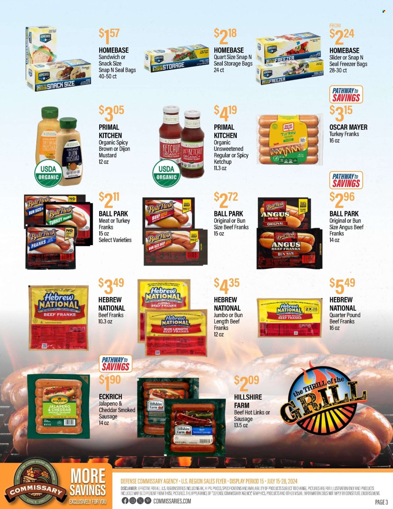 thumbnail - Commissary Flyer - 07/15/2024 - 07/28/2024 - Sales products - sandwich, Hillshire Farm, Oscar Mayer, sausage, smoked sausage, frankfurters, cheese, mustard, ketchup. Page 3.