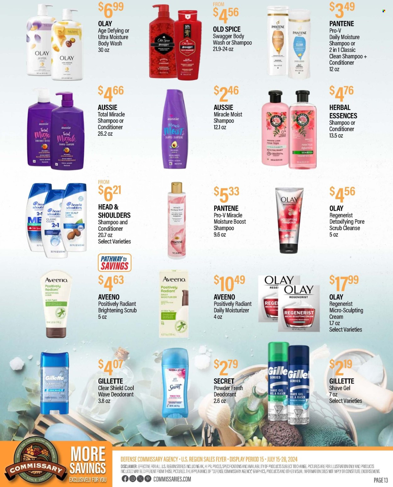 thumbnail - Commissary Flyer - 07/15/2024 - 07/28/2024 - Sales products - Boost, Aveeno, WAVE, body wash, shampoo, Old Spice, hair products, moisturizer, Olay, conditioner, Head & Shoulders, Pantene, Herbal Essences, deodorant, Gillette, shave gel. Page 13.