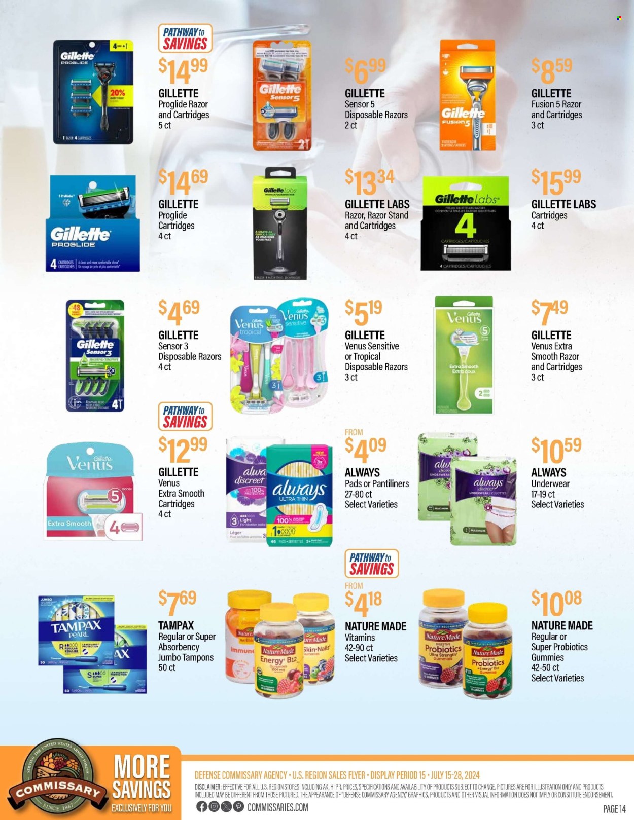 thumbnail - Commissary Flyer - 07/15/2024 - 07/28/2024 - Sales products - Digestive, pads, Tampax, pantiliners, Always pads, Always Discreet, Always Underwear, tampons, Gillette, razor, Venus, disposable razor, razor cartridges, Nature Made, probiotics, dietary supplement, vitamins. Page 14.