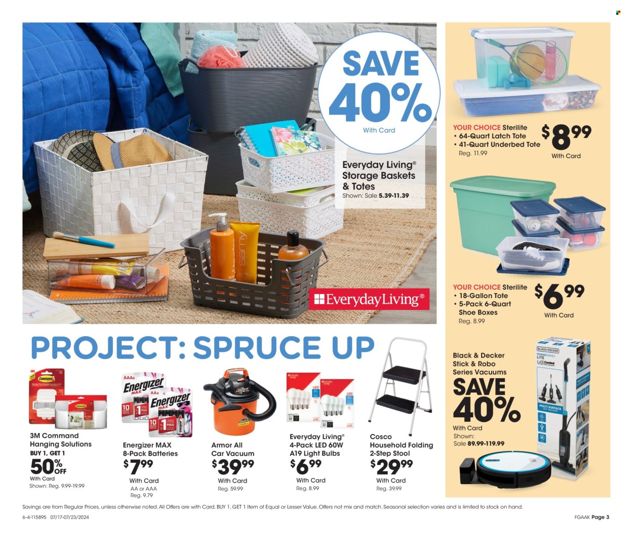 thumbnail - Fred Meyer Flyer - 07/17/2024 - 07/23/2024 - Sales products - shoes, basket, battery, bulb, Energizer, light bulb, Black & Decker, stool, tote, Armor All. Page 3.