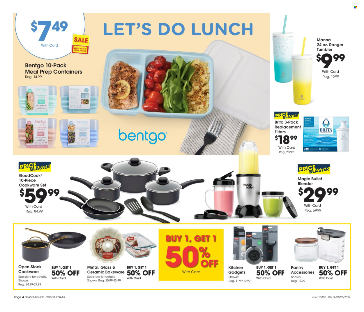 thumbnail - Fred Meyer Flyer - 07/17/2024 - 07/23/2024 - Sales products - cookware set, tumbler, bakeware, Pyrex, container, kitchenware, Manna, storage container, water filter, blender. Page 4.