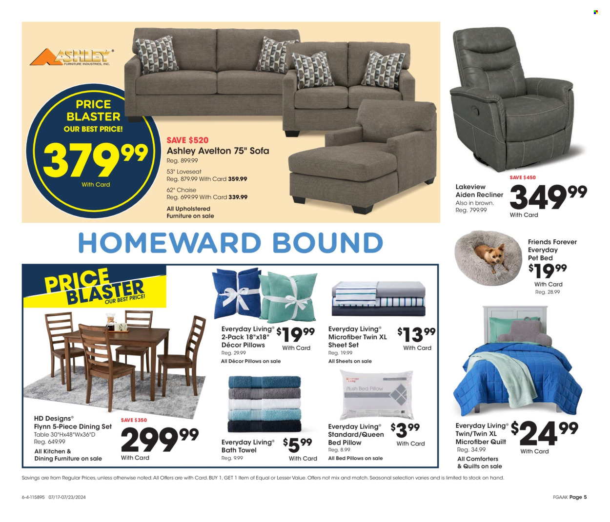 thumbnail - Fred Meyer Flyer - 07/17/2024 - 07/23/2024 - Sales products - bedding, comforter, quilt, bath towel, towel, pet bed, dining set, table, loveseat, sofa, recliner chair. Page 5.