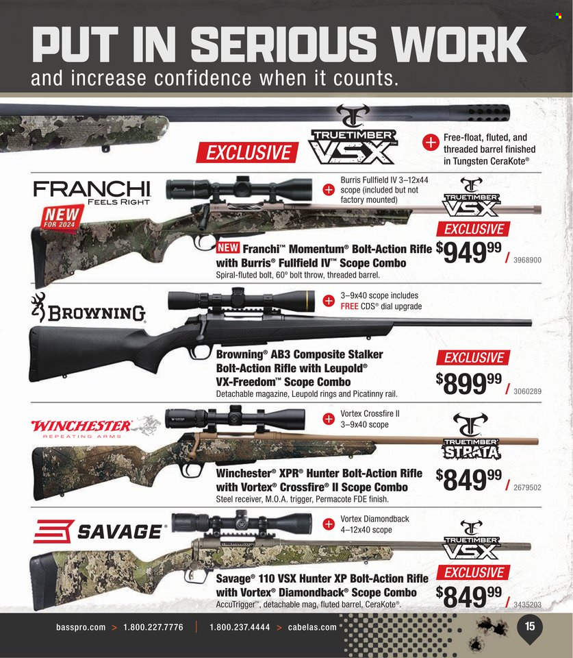 thumbnail - Bass Pro Shops Flyer - Sales products - blanket, Hunter, Browning, Leupold, rifle, savage, scope, scope combo, receiver. Page 15.