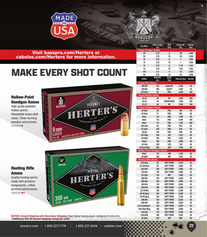 thumbnail - Bass Pro Shops Flyer - Sales products - Luger, rifle ammo, handgun ammo, ammo, Shell. Page 23.