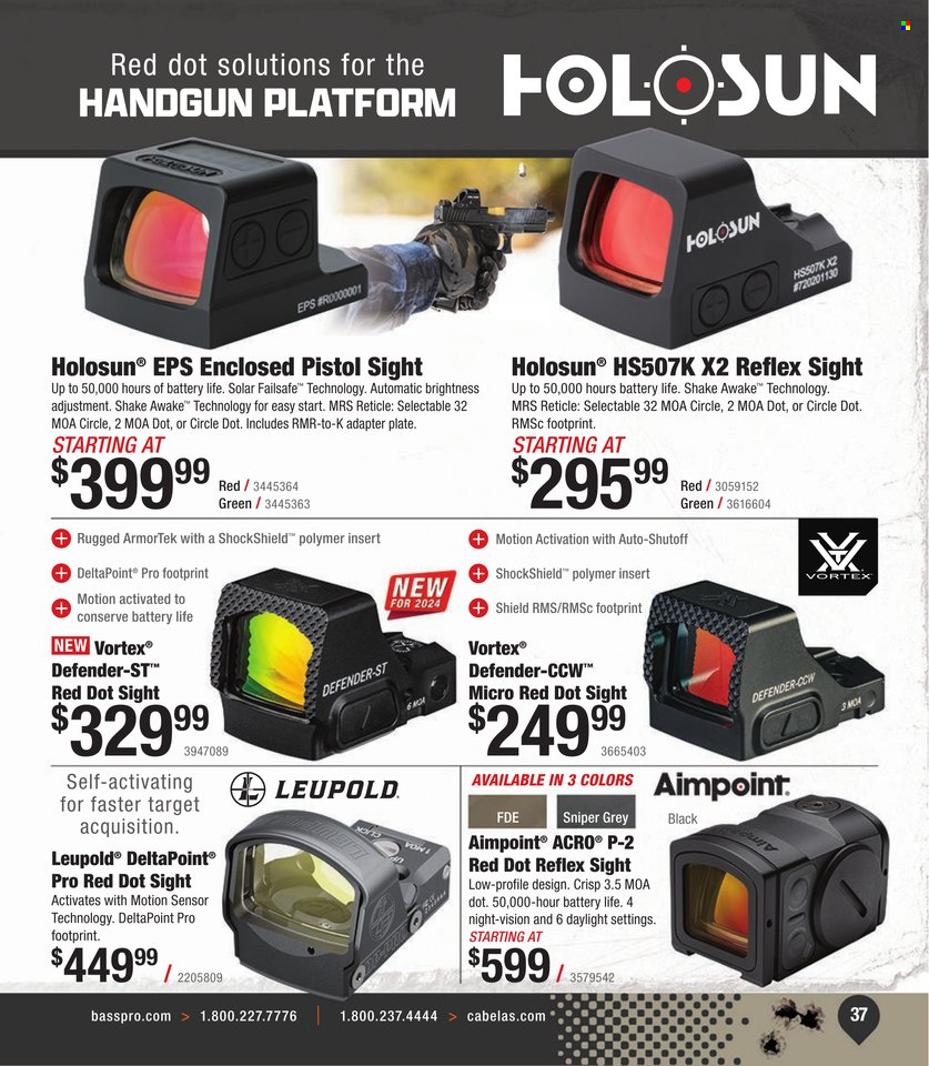 thumbnail - Bass Pro Shops Flyer - Sales products - Leupold, red dot sight, handgun. Page 37.