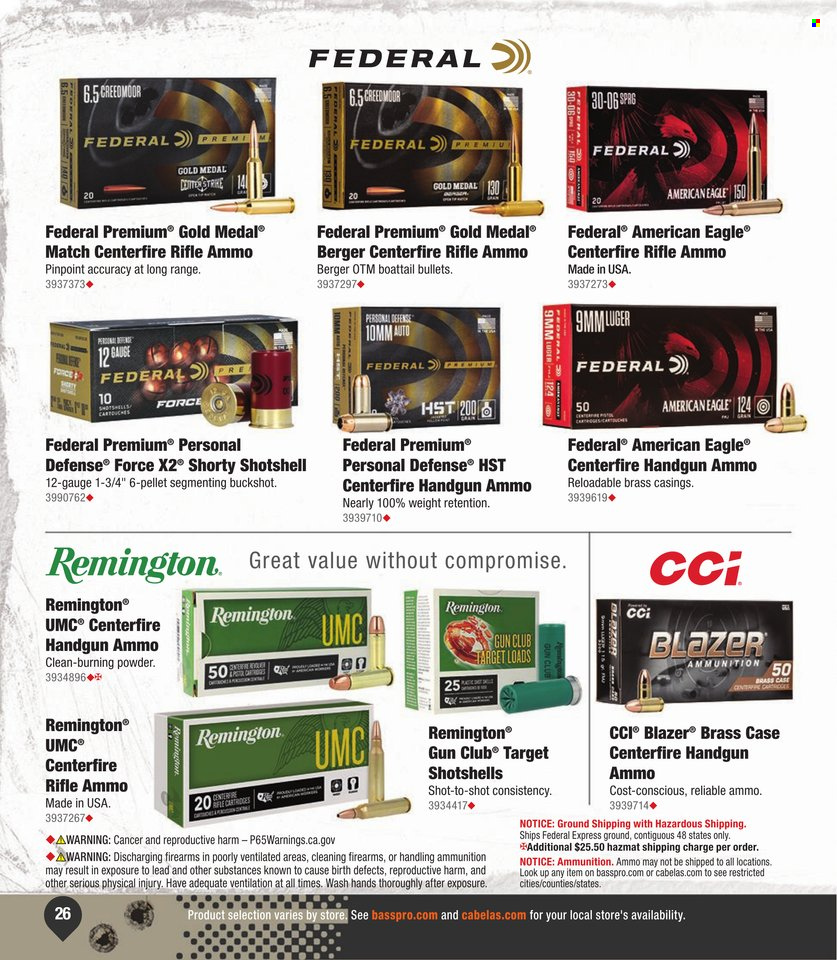 thumbnail - Cabela's Flyer - Sales products - American Eagle, Luger, Remington, rifle ammo, handgun ammo, ammo, gauge. Page 26.