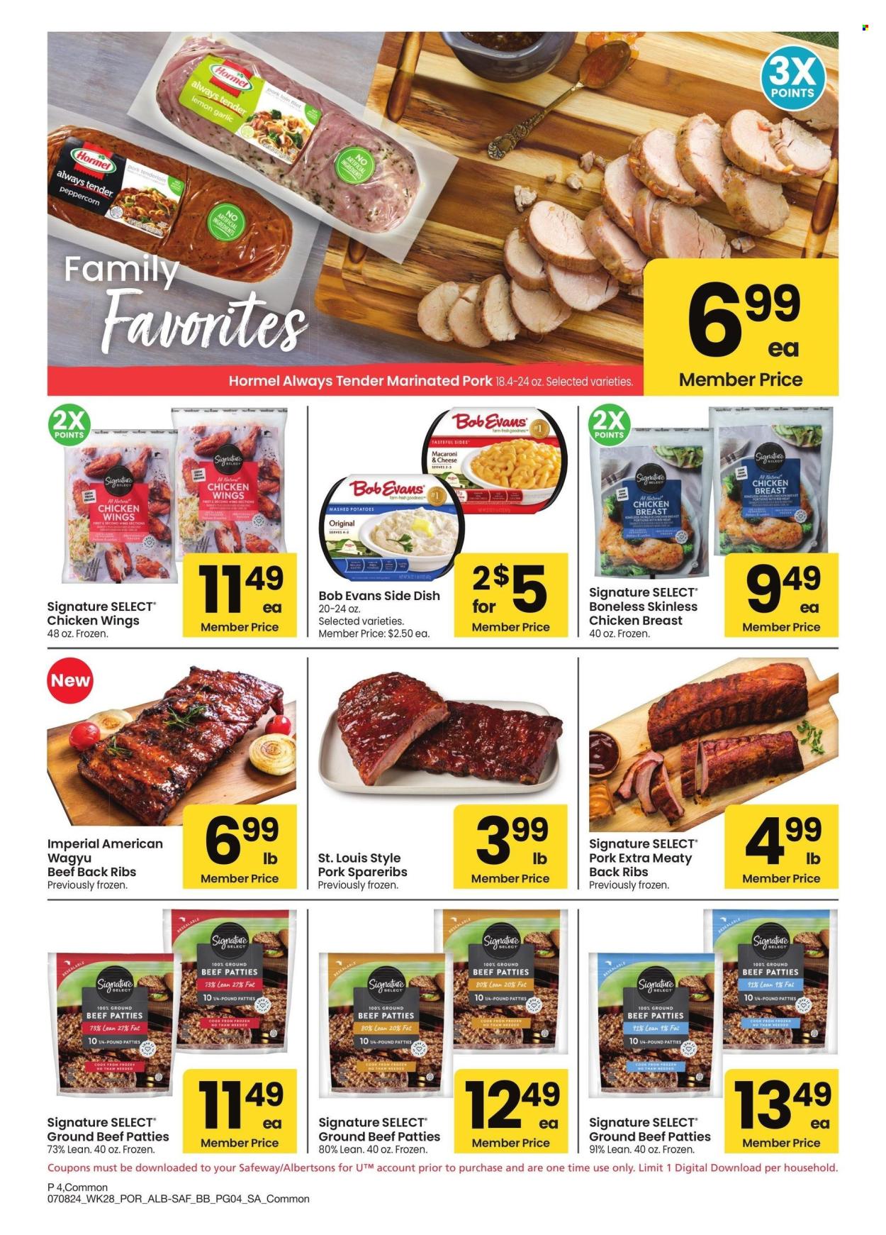 thumbnail - Albertsons Flyer - 07/08/2024 - 08/04/2024 - Sales products - ribs, pork meat, pork ribs, pork spare ribs, burger patties, beef meat, ground beef, Bob Evans, ready meal, chicken wings, chicken, chicken breasts, Hormel, marinated pork. Page 4.