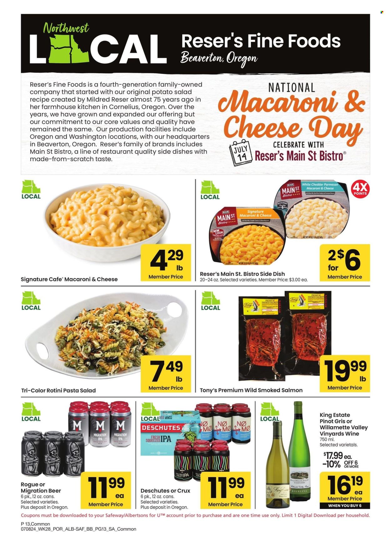 thumbnail - Albertsons Flyer - 07/08/2024 - 08/04/2024 - Sales products - salmon, smoked salmon, alcohol, beer, mac and cheese, pasta, pasta salad, ready meal, white wine, wine, Pinot Grigio. Page 13.