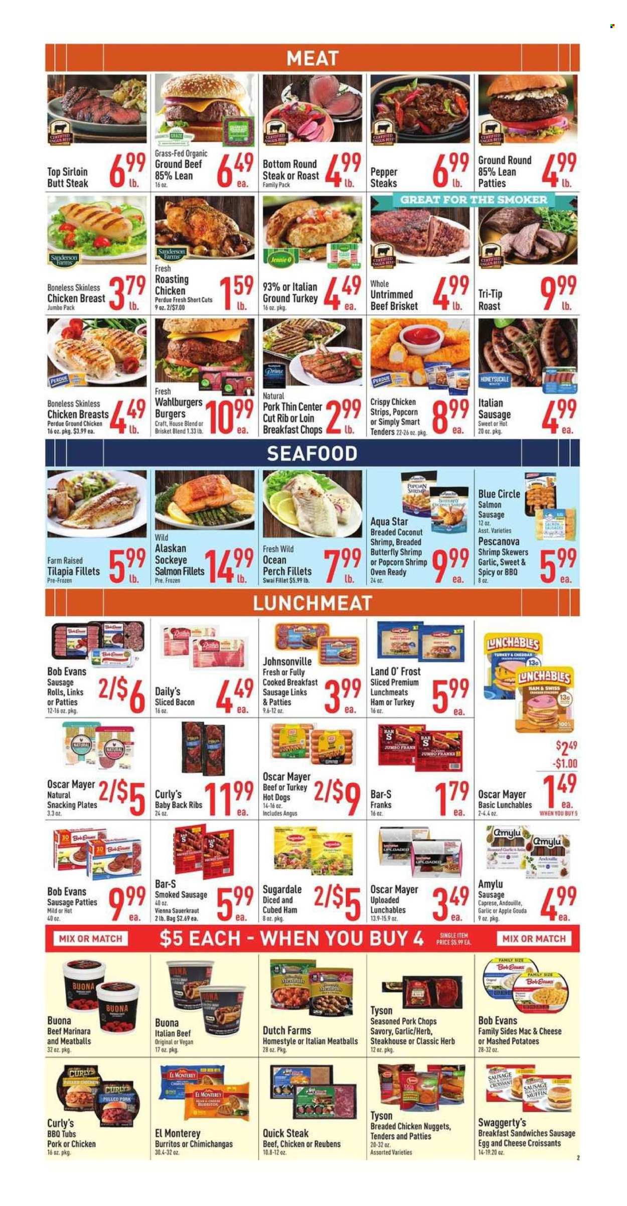 thumbnail - Strack & Van Til Flyer - 07/17/2024 - 07/23/2024 - Sales products - sausage rolls, croissant, muffin, fish fillets, salmon, salmon fillet, tilapia, perch, seafood, shrimps, swai fillet, shrimp skewers, macaroni & cheese, mashed potatoes, chicken roast, meatballs, sandwich, snack, nuggets, hamburger, fried chicken, chicken nuggets, burrito, chicken strips, Perdue®, Lunchables, Bob Evans, pulled pork, Sugardale, brisket, ready meal, breaded chicken, bacon, ham, chicken breasts, Johnsonville, Oscar Mayer, smoked sausage, frankfurters, lunch meat, gouda, eggs, strips, salty snack, sauerkraut, pickled cabbage, beef meat, ground beef, steak, round steak, beef brisket, sausage patties, pork chops, pork meat, pork ribs, pork back ribs. Page 2.