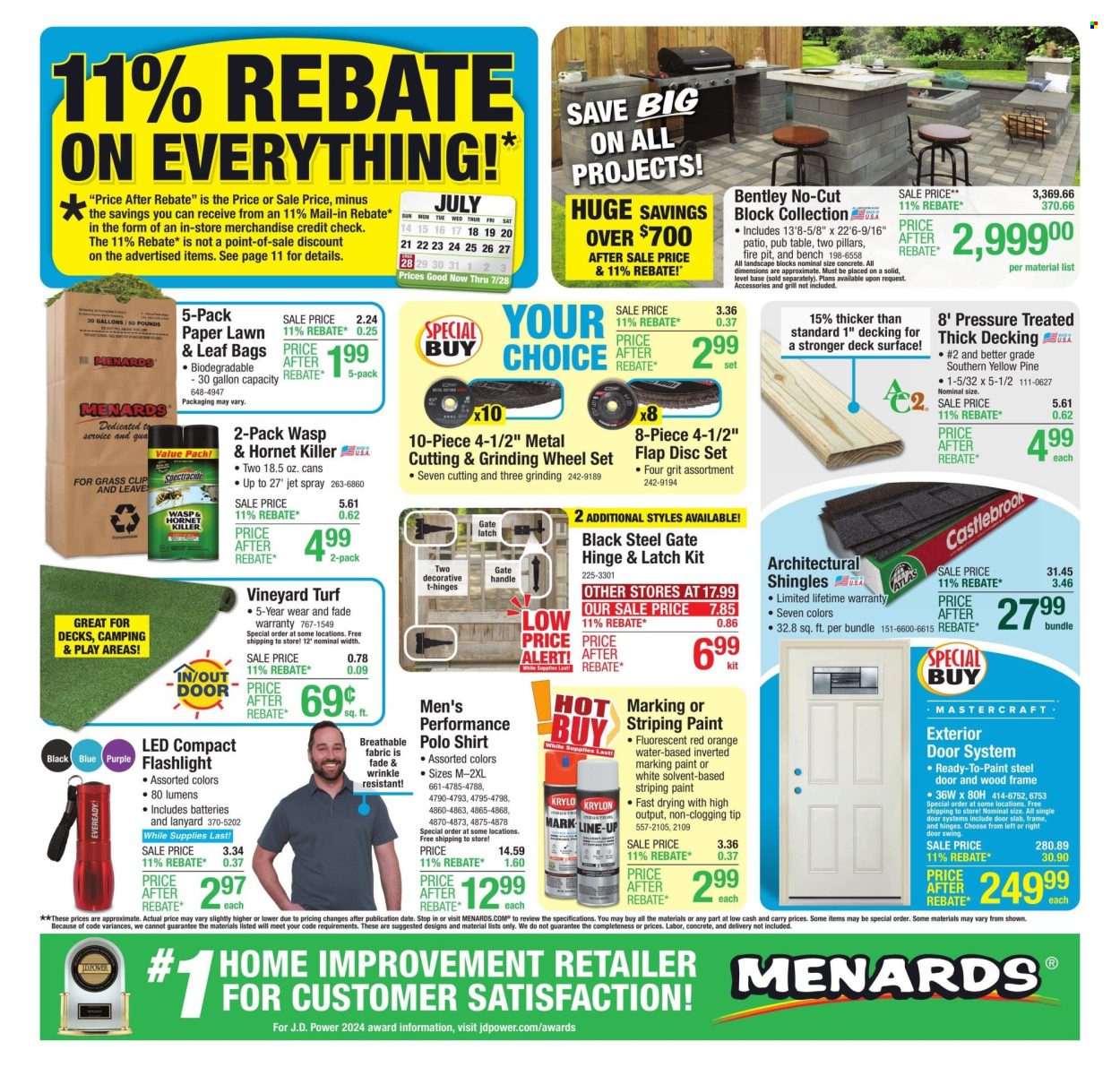 thumbnail - Menards Flyer - 07/18/2024 - 07/28/2024 - Sales products - water, Jet, paper, Eveready, table, bench, shirt, polo shirt, flashlight, shingle, steel door, grinding wheel, fire bowl. Page 1.