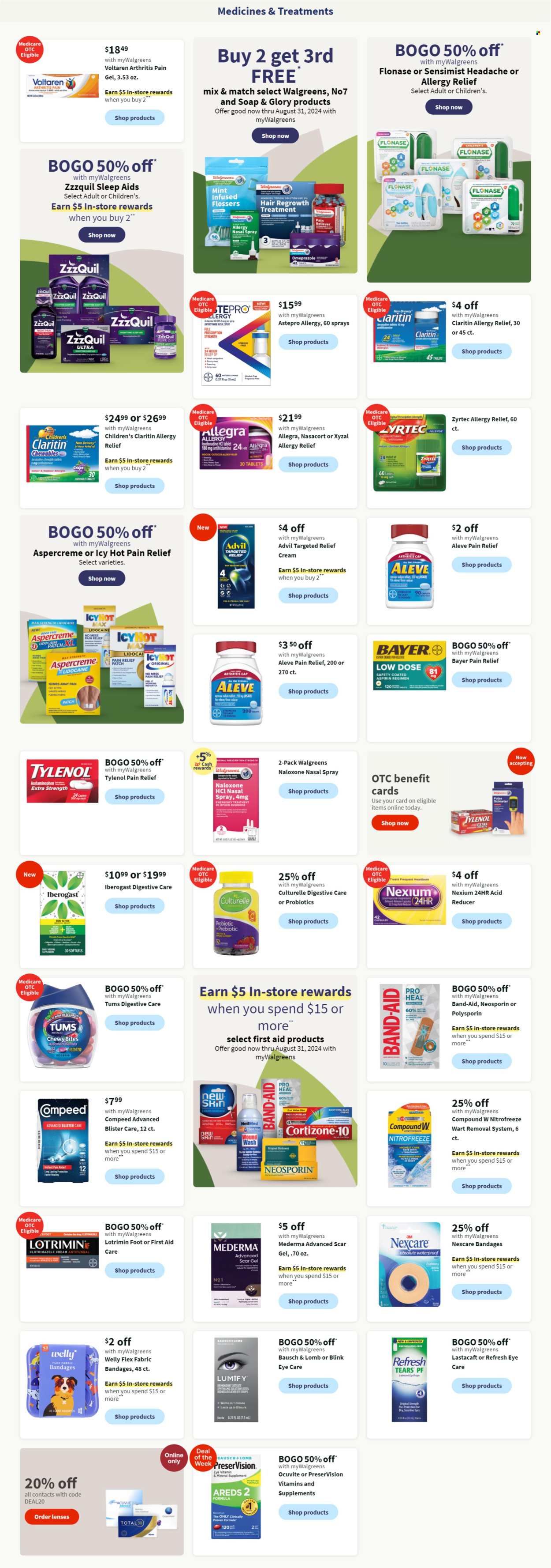 thumbnail - Walgreens Flyer - 07/21/2024 - 07/27/2024 - Sales products - ointment, hair products, Crest, flosser, Absolute, lubricant, table, cushion, first aid kit, pain relief, Aleve, Culturelle, magnesium, Neosporin, Tylenol, Zyrtec, ZzzQuil, probiotics, Aspercreme, Ocuvite, Lumify, Nexium, eye drops, Advil Rapid, Antacid, Low Dose, aspirin, Bayer, nasal spray, allergy relief, dietary supplement, health supplement, Voltaren, Claritin, acid blocker, allergy control, sleep aid product, pain therapy, Cortizone, vitamins, polysporin, lenses, plaster, pulse oximeter, bandage. Page 4.