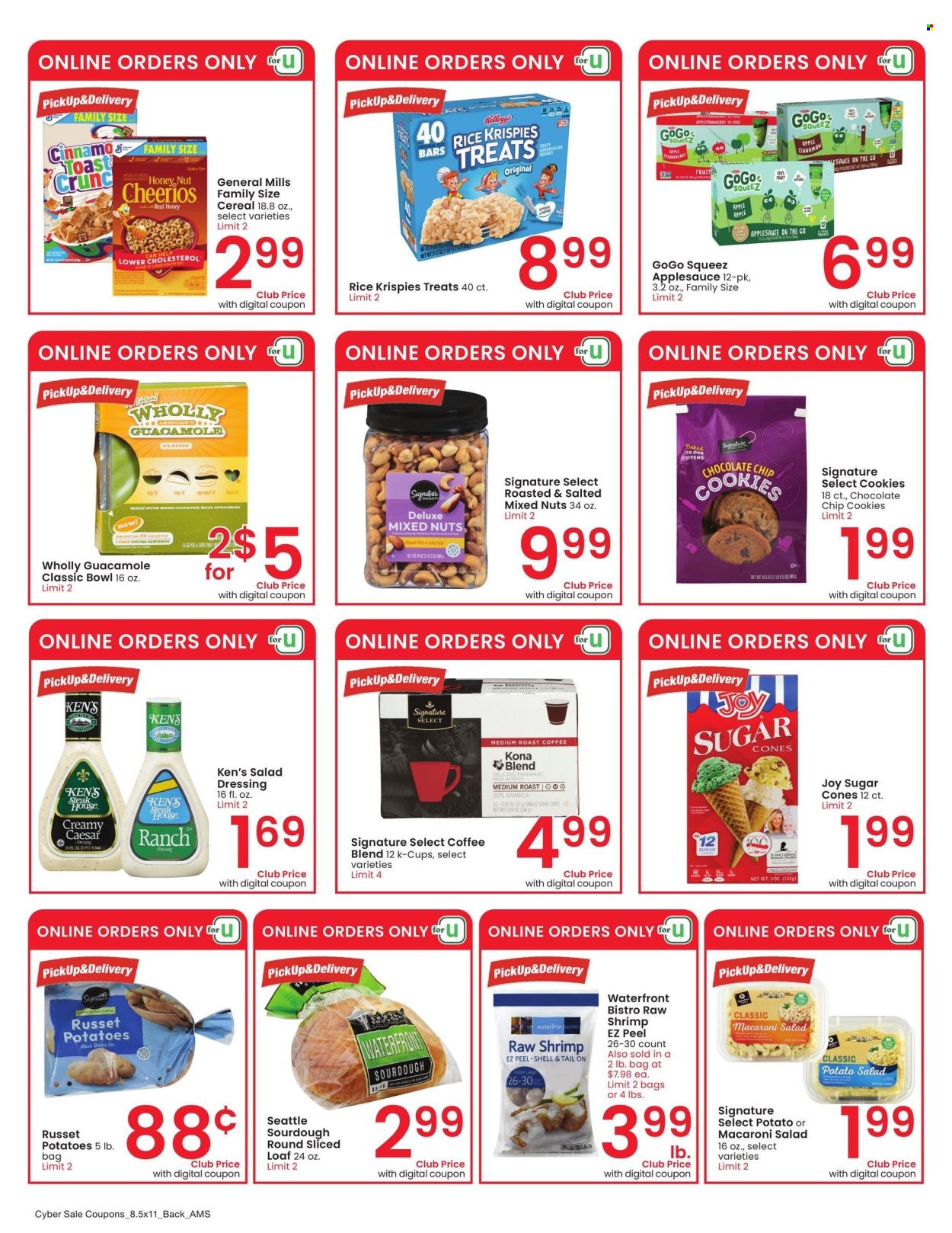 thumbnail - Safeway Flyer - 07/17/2024 - 07/23/2024 - Sales products - pastries, russet potatoes, potatoes, steak, seafood, shrimps, pasta, macaroni salad, pasta salad, dip, cookies, marshmallows, Kellogg's, General Mills, guacamole, cereals, Cheerios, cinnamon, salad dressing, dressing, apple sauce, mixed nuts, coffee, coffee capsules, K-Cups, baby food pouch, baby snack, Joy, bowl. Page 2.