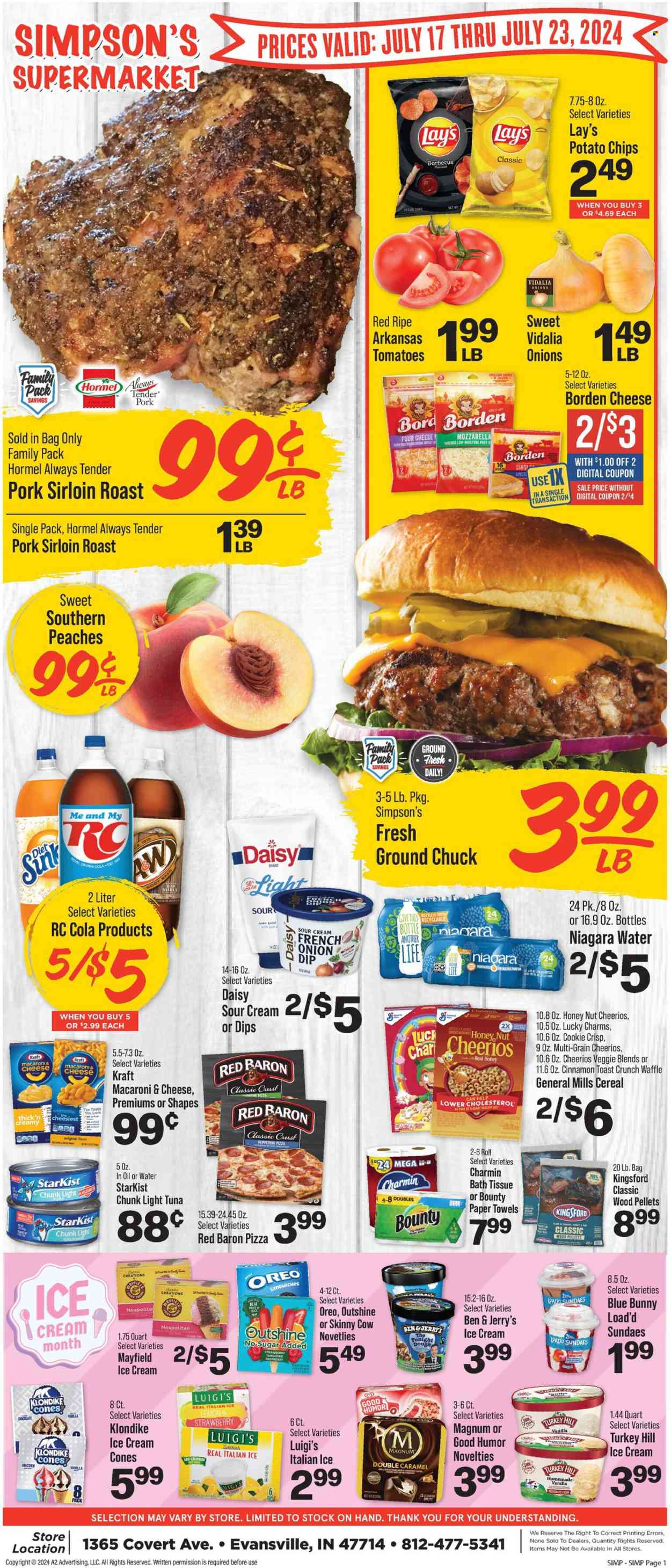 thumbnail - IGA Flyer - 07/17/2024 - 07/23/2024 - Sales products - mandarines, peaches, tuna, StarKist, macaroni & cheese, pasta, Kraft®, Hormel, Kingsford, roast, ready meal, Oreo, sour cream, dip, ice cream, Ben & Jerry's, Blue Bunny, ice cones, Red Baron, Bounty, General Mills, potato chips, Lay’s, canned tuna, light tuna, canned fish, cereals, Cheerios, juice, Royal Crown, bottled water, purified water, alcohol, beer, ground beef, ground chuck, pork loin, bath tissue, kitchen towels, paper towels, Charmin, Omega-3. Page 1.