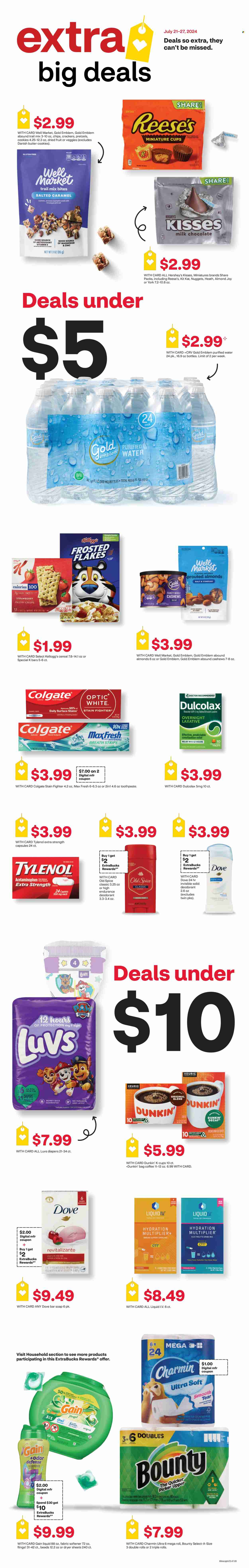 thumbnail - CVS Pharmacy Flyer - 07/21/2024 - 07/27/2024 - Sales products - nuggets, Dove, Reese's, Hershey's, cookies, pretzels, butter cookies, Bounty, KitKat, crackers, Kellogg's, snack bar, chips, cereals, almonds, cashews, dried fruit, trail mix, water, coffee capsules, K-Cups, nappies, Charmin, Gain, fabric softener, dryer sheets, Joy, Old Spice, soap bar, soap, Colgate, toothpaste, deodorant, Dulcolax, Tylenol, pain therapy. Page 1.