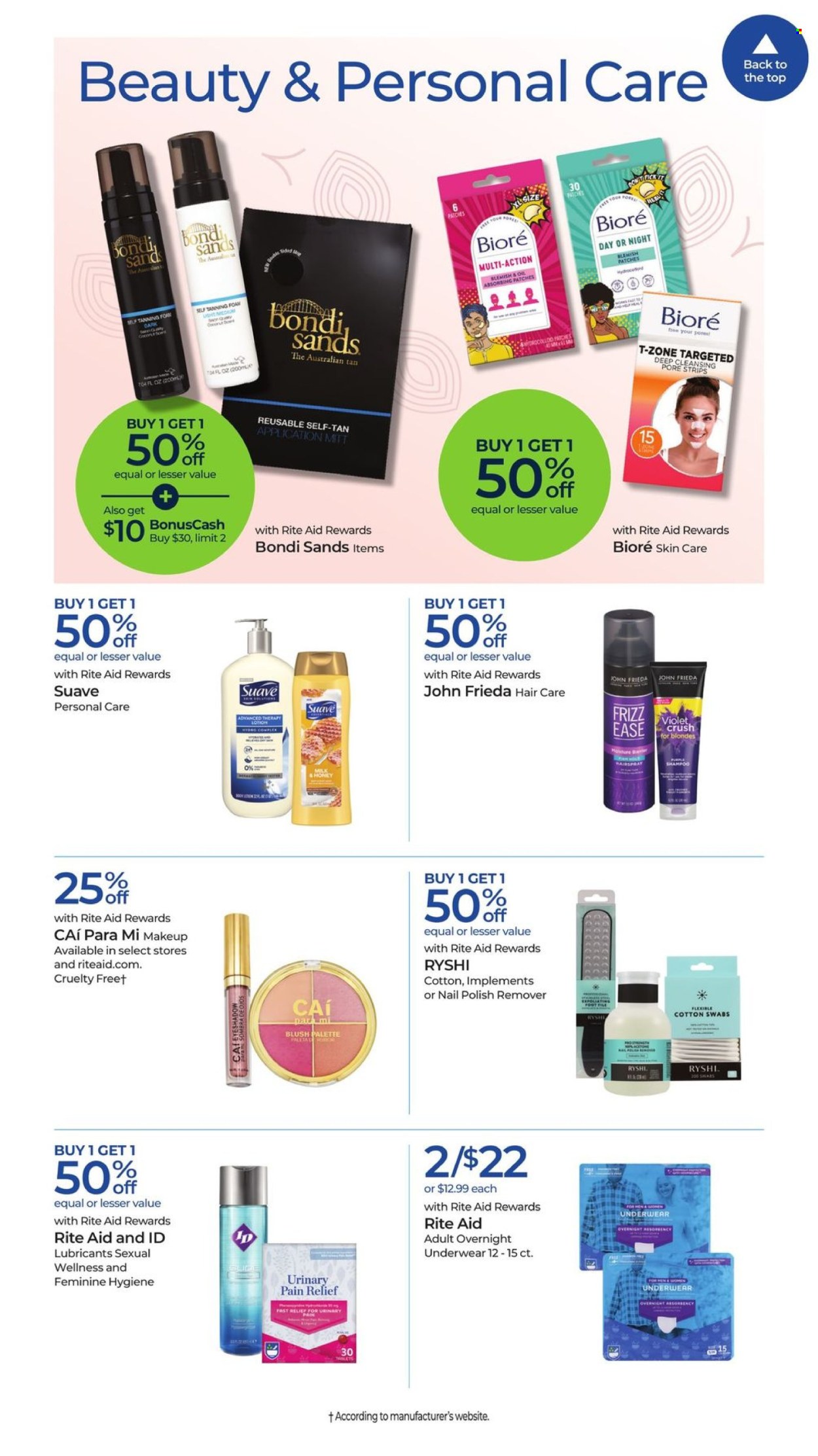 thumbnail - RITE AID Flyer - 07/21/2024 - 07/27/2024 - Sales products - milk, honey, cotton ear buds, shampoo, Suave, hair products, Bioré®, Bondi Sands, skin care product, John Frieda, hair styling product, self tanning product, lubricant, nail polish remover, eyeshadow, makeup, pain relief. Page 7.