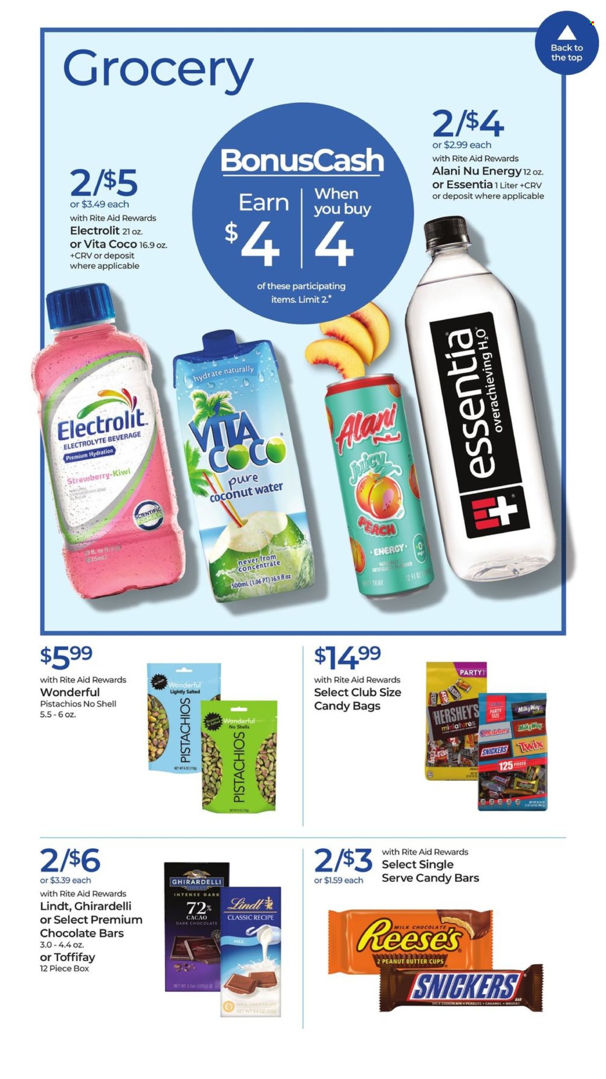 thumbnail - RITE AID Flyer - 07/21/2024 - 07/27/2024 - Sales products - Reese's, Hershey's, milk chocolate, Lindt, Milky Way, Snickers, Twix, nougat, dark chocolate, peanut butter cups, Ghirardelli, chocolate bar, candy bar, sweets, bars, caramel, pistachios, coconut water, electrolyte drink. Page 9.