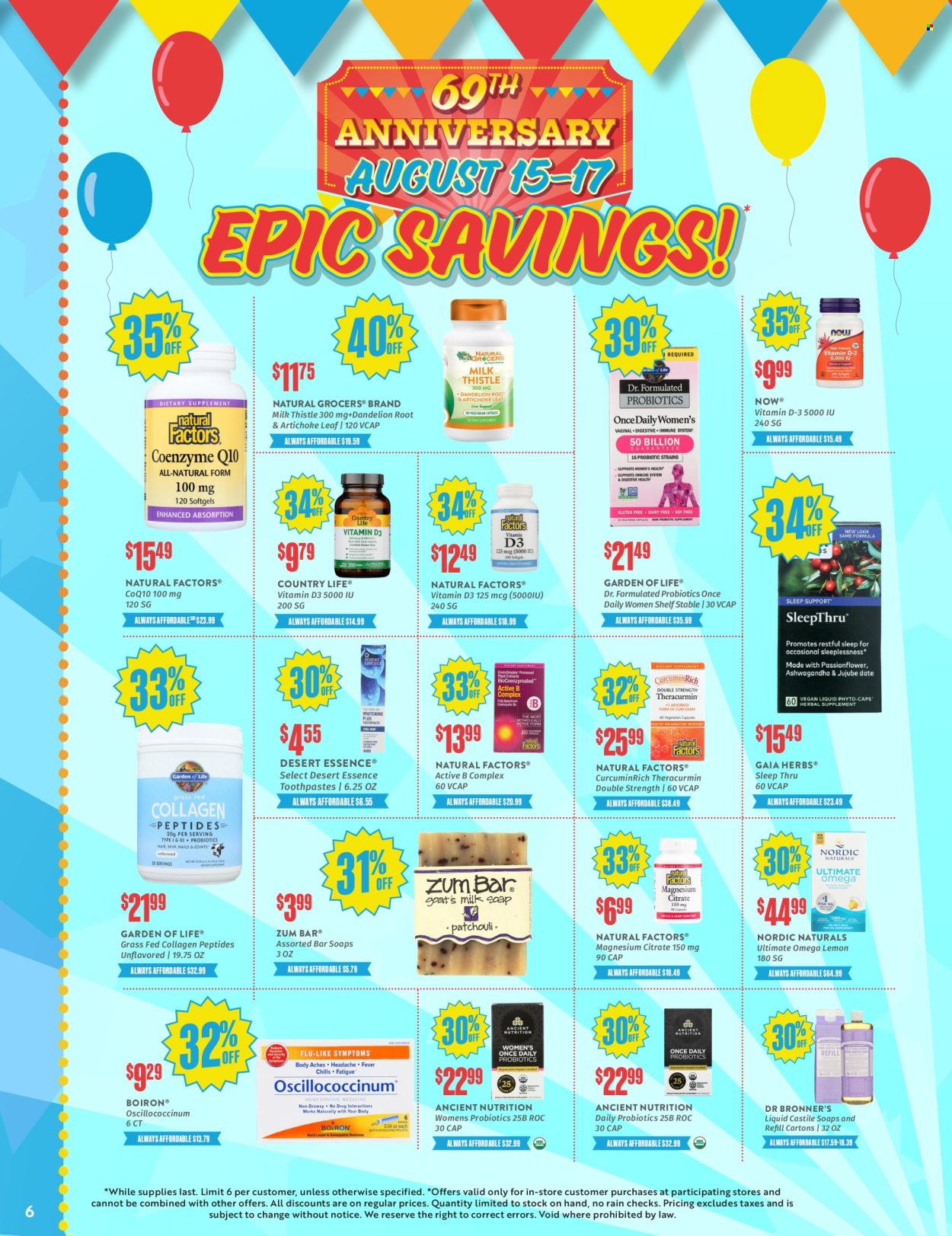 thumbnail - Natural Grocers Flyer - 08/15/2024 - 08/17/2024 - Sales products - Gaia, lemons, herbs, magnesium, probiotics, vitamin D3, Oscillococcinum, Boiron, dietary supplement, Gaia Herbs, Gaia Herbs®. Page 6.
