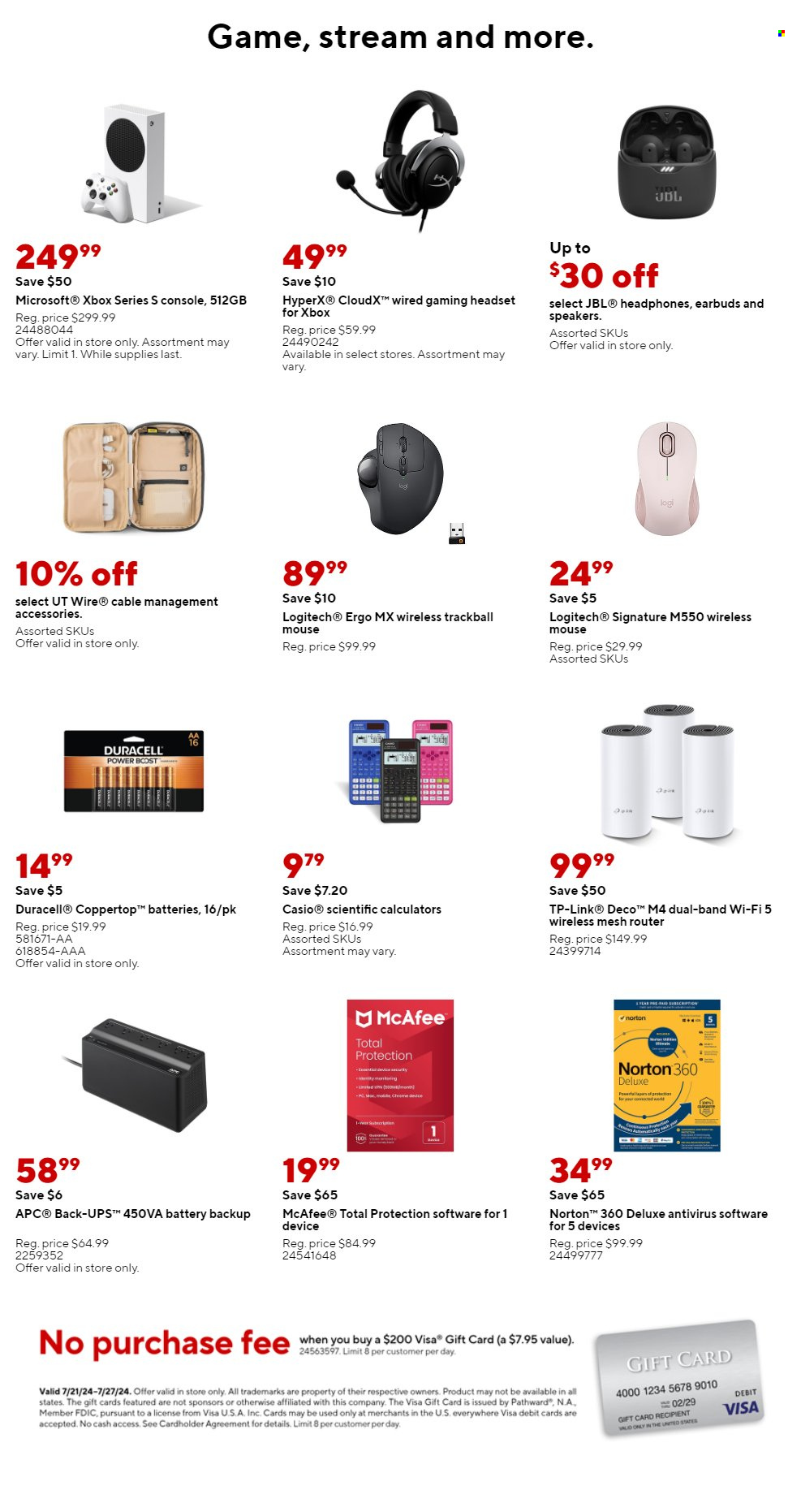 thumbnail - Staples Flyer - 07/21/2024 - 07/27/2024 - Sales products - Norton, anti-virus, Duracell, tp-link, router, Casio, HyperX, Logitech, mouse, JBL, headset, headphones, earbuds. Page 7.