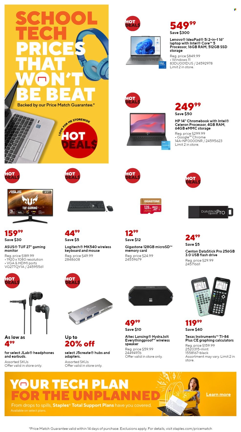 thumbnail - Staples Flyer - 07/21/2024 - 07/27/2024 - Sales products - Intel, Asus, Lenovo, Hewlett Packard, chromebook, laptop, flash drive, Logitech, memory card, mouse, keyboard, monitor, Altec Lansing, headphones, earbuds. Page 4.