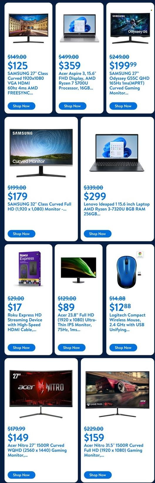 thumbnail - Walmart Flyer - 07/17/2024 - 07/23/2024 - Sales products - Acer, Lenovo, mouse, Samsung, laptop, Logitech, HDMI cable, monitor, streaming media player. Page 9.