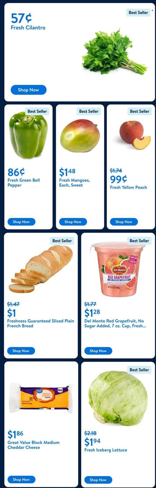 thumbnail - Walmart Flyer - 07/17/2024 - 07/23/2024 - Sales products - bread, french bread, bell peppers, lettuce, grapefruits, cheddar, cheese, Del Monte, cilantro, pepper, mango. Page 12.