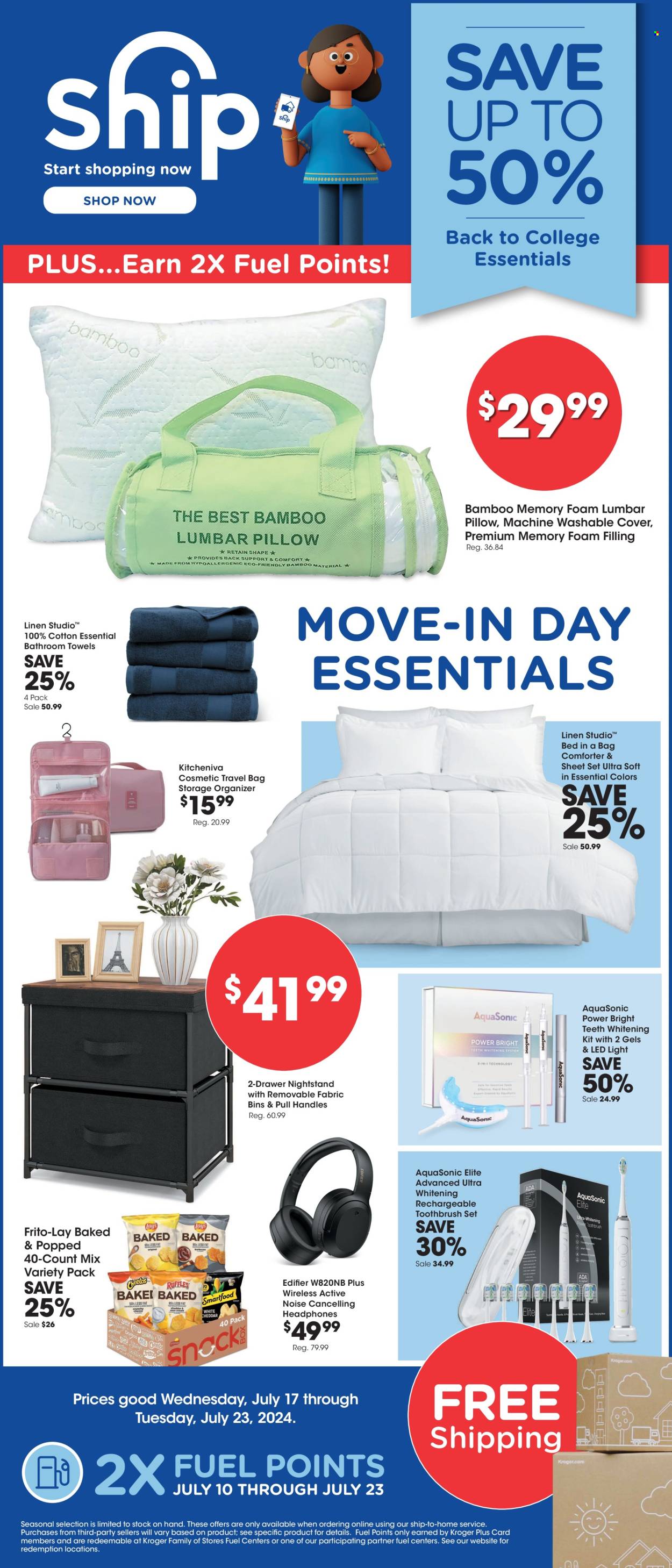 thumbnail - Fred Meyer Flyer - 07/17/2024 - 07/23/2024 - Sales products - Frito-Lay, salty snack, toothbrush, teeth whitening, storage organizer, pillow, bedding, comforter, linens, towel, headphones, electric toothbrush, houseplant. Page 1.