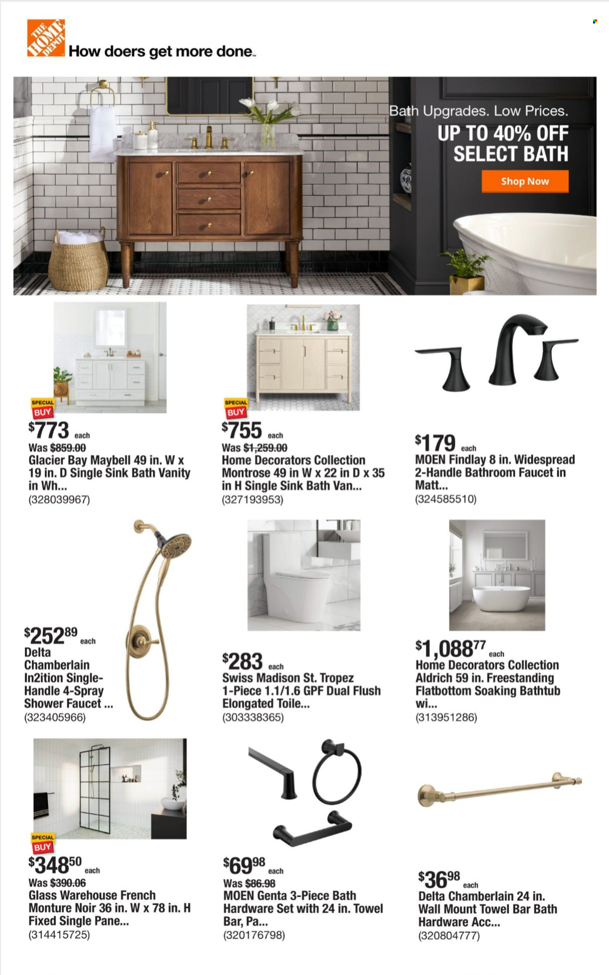 thumbnail - The Home Depot Flyer - 07/18/2024 - 07/25/2024 - Sales products - towel, vanity, bathtub, sink. Page 1.