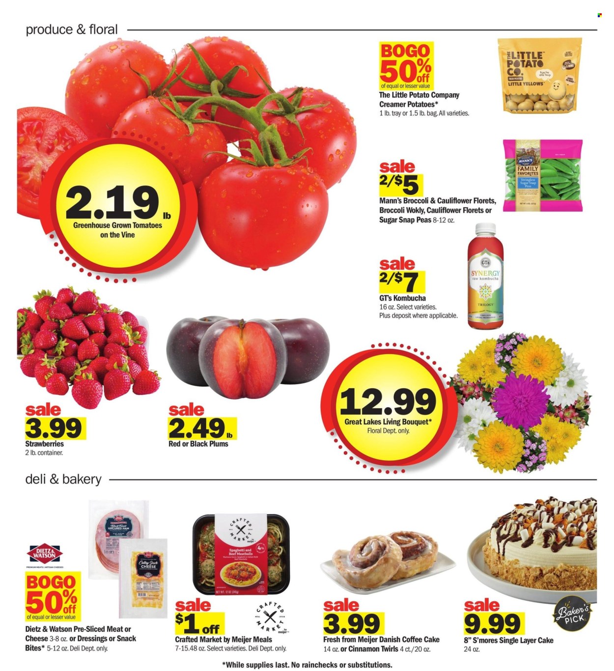 thumbnail - Meijer Flyer - 07/21/2024 - 07/27/2024 - Sales products - bouquet, strawberries, potatoes, plums, red plums, black plums, broccoli, cauliflower, snap peas, peas, tomatoes, ready meal, cake, coffee cake, snack, ham, Dietz & Watson, sliced meat, sliced cheese, cheese, dressing, kombucha. Page 13.