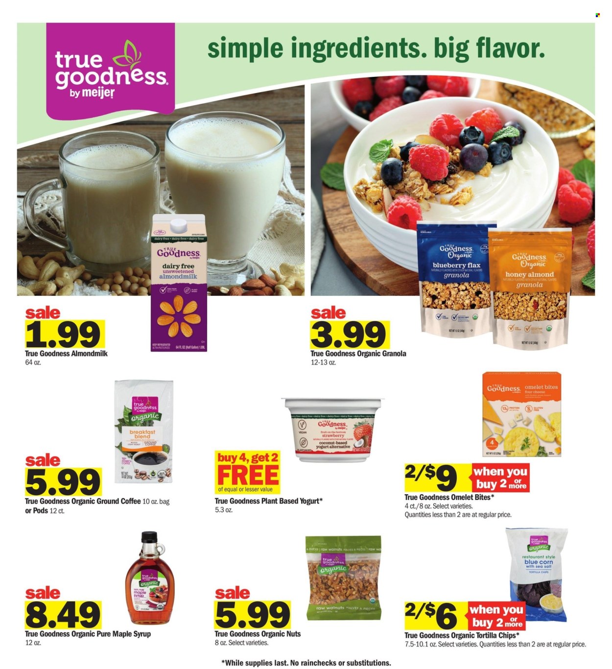 thumbnail - Meijer Flyer - 07/21/2024 - 07/27/2024 - Sales products - yoghurt, mixed nuts, granola, coffee, ground coffee, maple syrup, syrup, almond milk, plant-based milk, ready meal, tortilla chips, chips. Page 19.