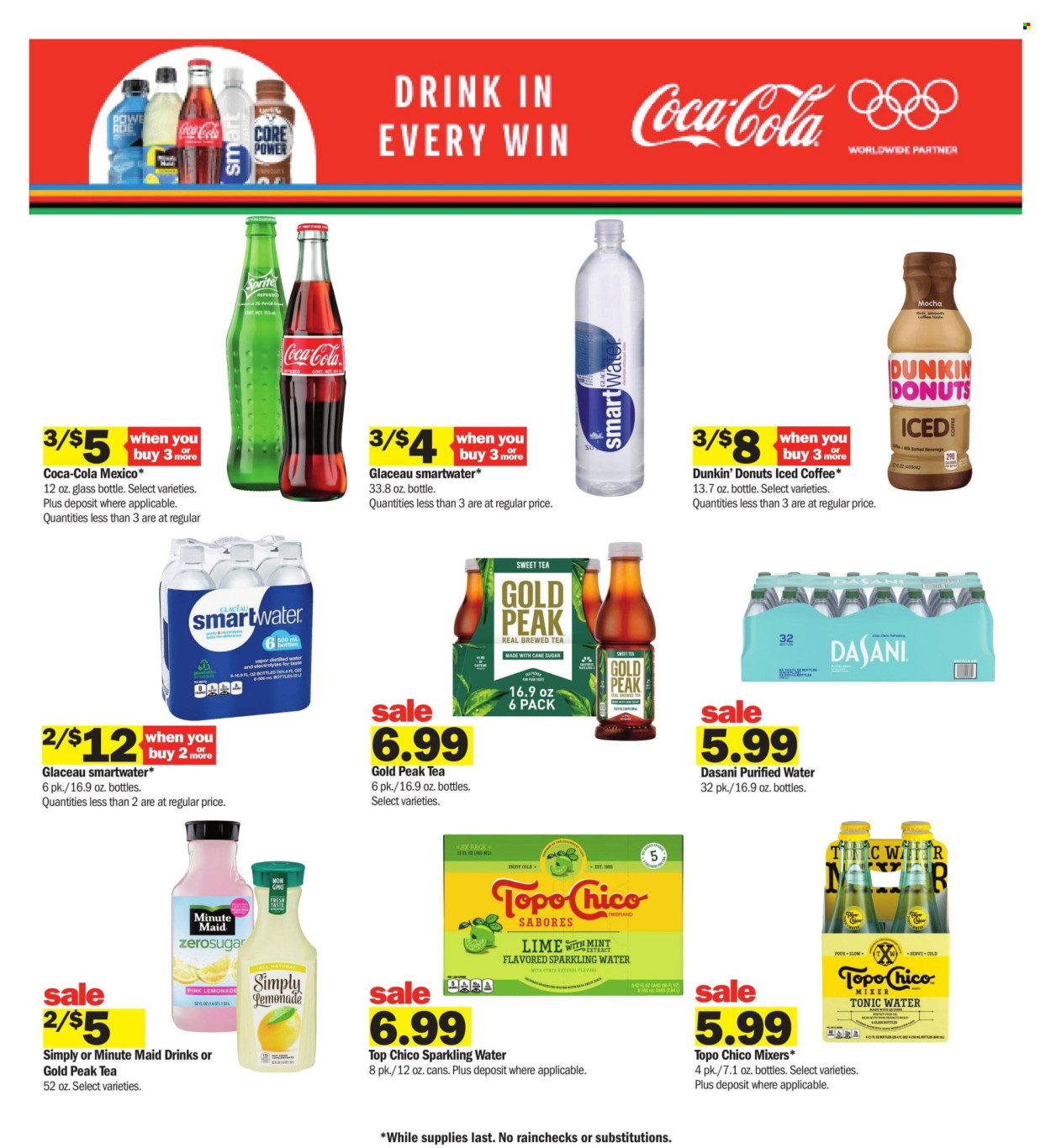 thumbnail - Meijer Flyer - 07/21/2024 - 07/27/2024 - Sales products - ice tea, Gold Peak Tea, bottled water, Smartwater, water, Coca-Cola, soft drink, carbonated soft drink, purified water, Dunkin' Donuts, iced coffee, coffee drink, sparkling water, Hard Seltzer, Topo Chico. Page 35.