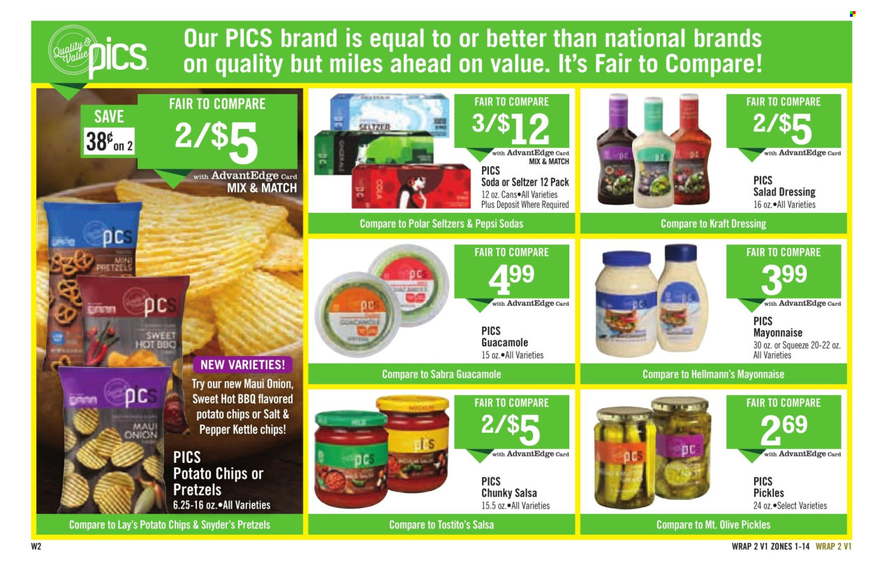 thumbnail - Price Chopper Flyer - 07/21/2024 - 07/27/2024 - Sales products - pretzels, onion, Kraft®, guacamole, mayonnaise, Hellmann’s, potato chips, chips, Lay’s, Kettle chips, pickles, pickled vegetables, salad dressing, dressing, salsa, Pepsi, soft drink, seltzer water, soda, carbonated soft drink. Page 14.