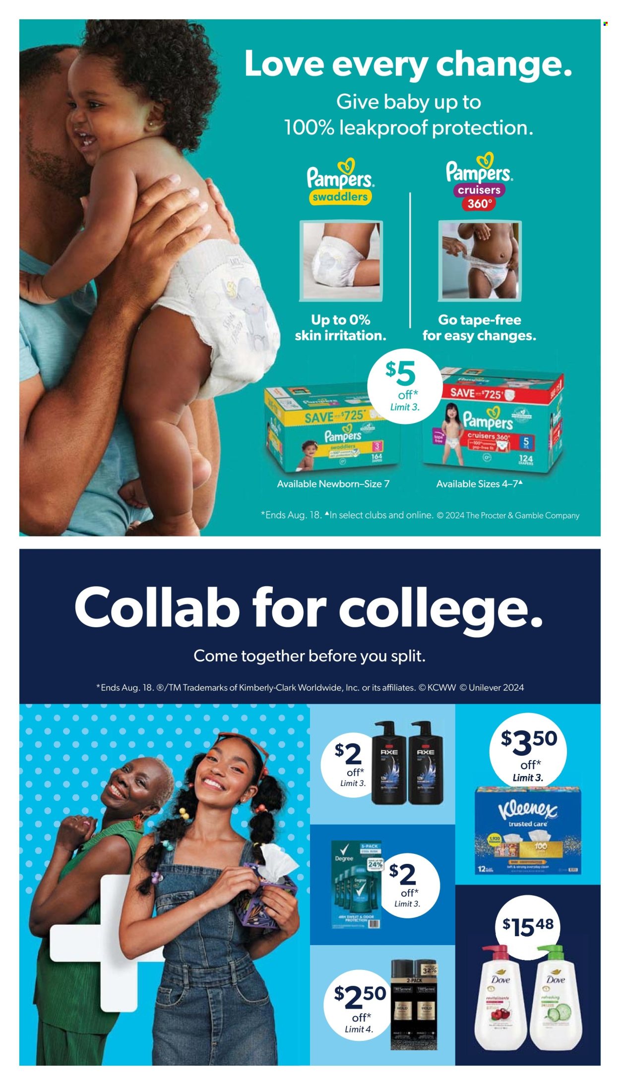 thumbnail - Sam's Club Flyer - 07/24/2024 - 08/18/2024 - Sales products - Dove, Pampers, nappies, baby pants, Kleenex, Axe, Degree. Page 18.