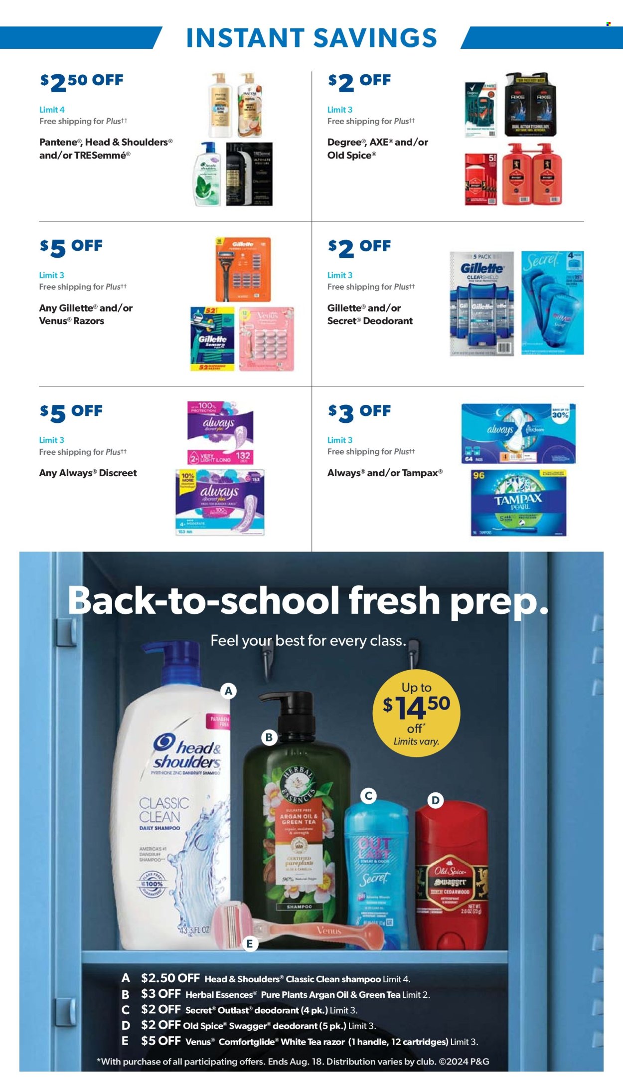 thumbnail - Sam's Club Flyer - 07/24/2024 - 08/18/2024 - Sales products - green tea, shampoo, Old Spice, hair products, Tampax, TRESemmé, Head & Shoulders, Pantene, Herbal Essences, deodorant, Axe, Degree, Gillette, razor, Venus. Page 19.