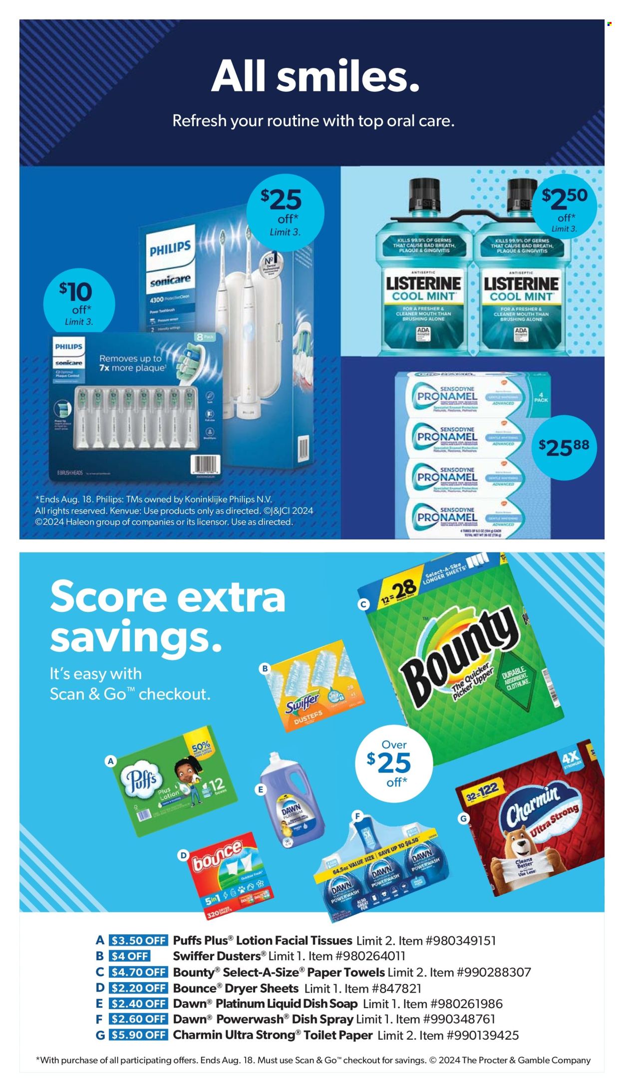 thumbnail - Sam's Club Flyer - 07/24/2024 - 08/18/2024 - Sales products - puffs, Philips, Bounty, toilet paper, tissues, kitchen towels, paper towels, Charmin, Swiffer, Bounce, dryer sheets, dishwashing liquid, facial tissues, duster. Page 21.