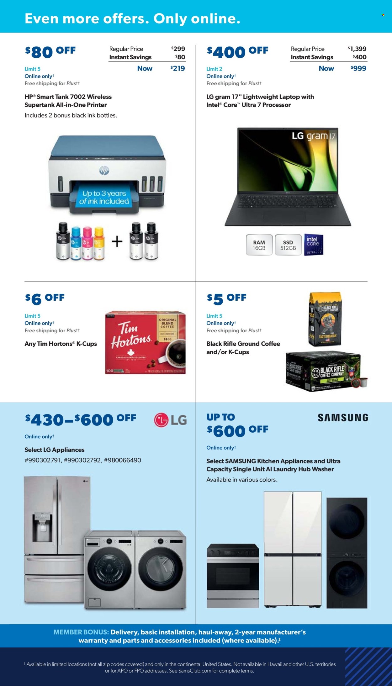 thumbnail - Sam's Club Flyer - 07/24/2024 - 08/18/2024 - Sales products - LG, Intel, Hewlett Packard, coffee, ground coffee, coffee capsules, K-Cups, Samsung, laptop, washing machine, all-in-one printer, printer. Page 28.