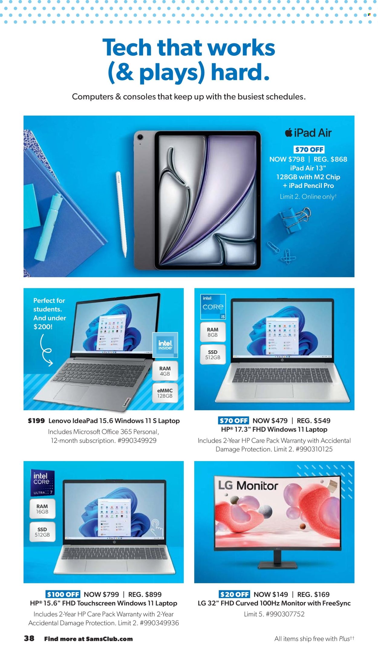 thumbnail - Sam's Club Flyer - 07/24/2024 - 08/18/2024 - Sales products - LG, Apple, Lenovo, tablet, Hewlett Packard, iPad, pencil, laptop, monitor. Page 38.