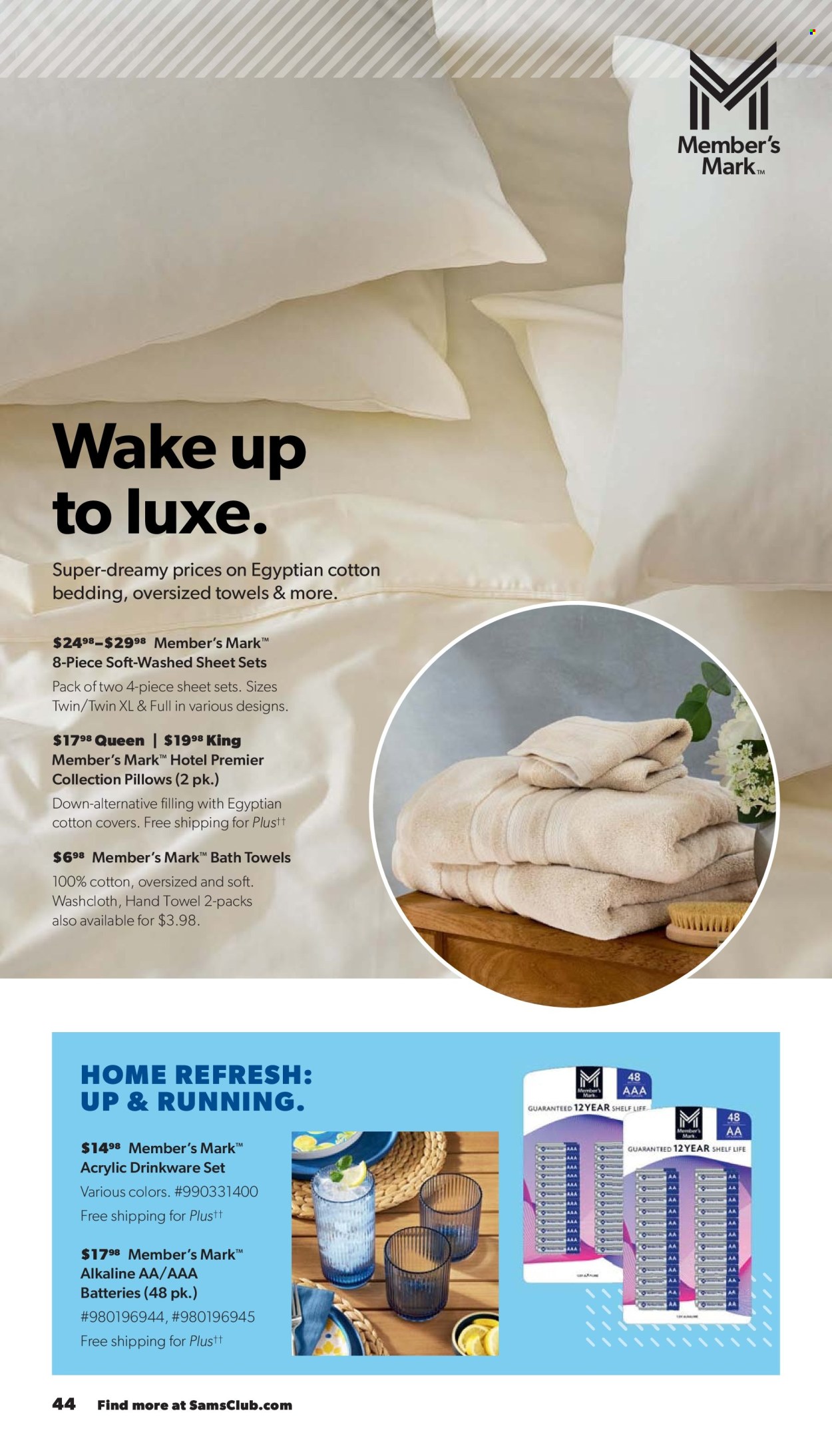 thumbnail - Sam's Club Flyer - 07/24/2024 - 08/18/2024 - Sales products - shelves, hand towel, drinkware, battery, AAA batteries, pillow, bedding, bath towel, towel, washcloth. Page 44.