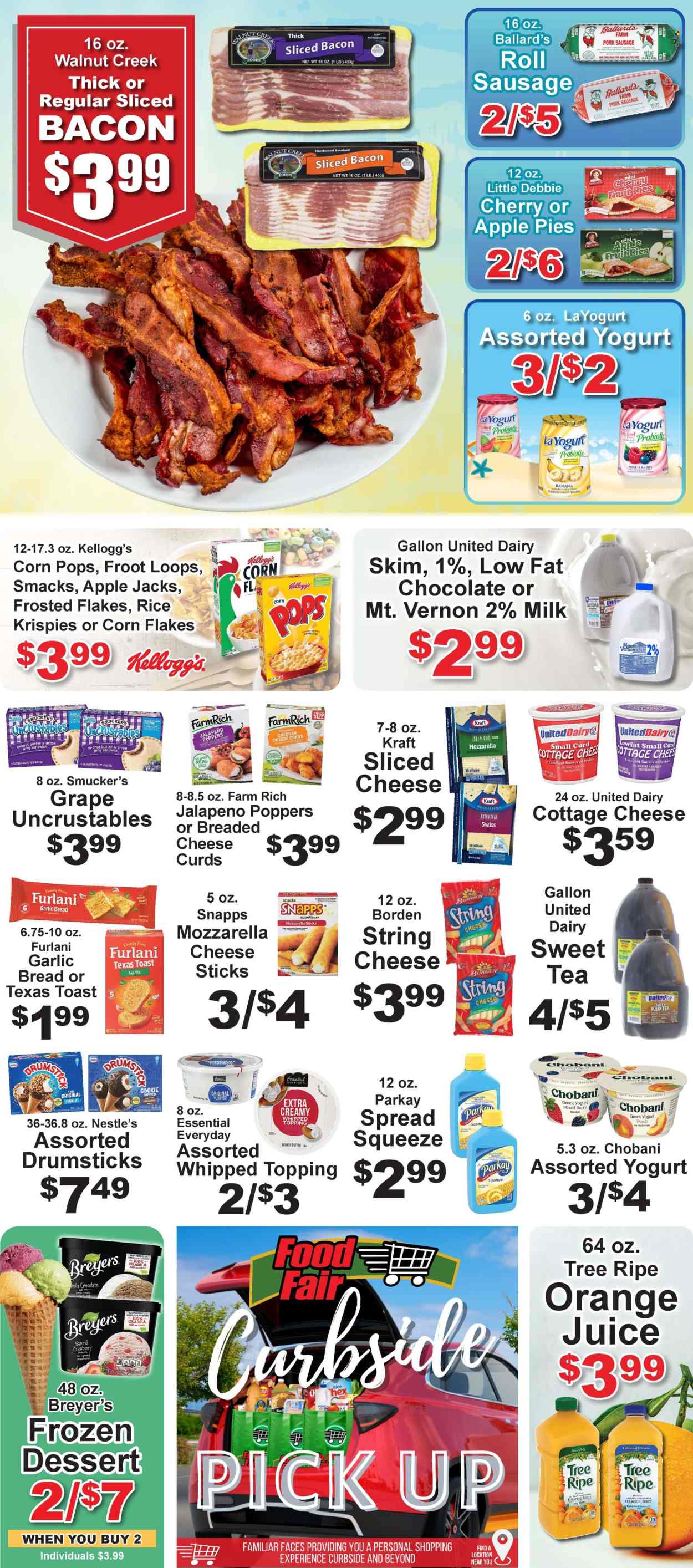 thumbnail - Food Fair Market Flyer - 07/21/2024 - 07/27/2024 - Sales products - jalapeño, Kraft®, ready meal, bacon, sausage, pork sausage, cottage cheese, sliced cheese, string cheese, cheddar, cheese curd, cheese sticks, greek yoghurt, yoghurt, jelly, Chobani, milk, Breyer's, frozen dessert, cookies, Kellogg's, topping, corn flakes, Rice Krispies, Frosted Flakes, Corn Pops, grape jelly, peanut butter, orange juice, ice tea. Page 3.