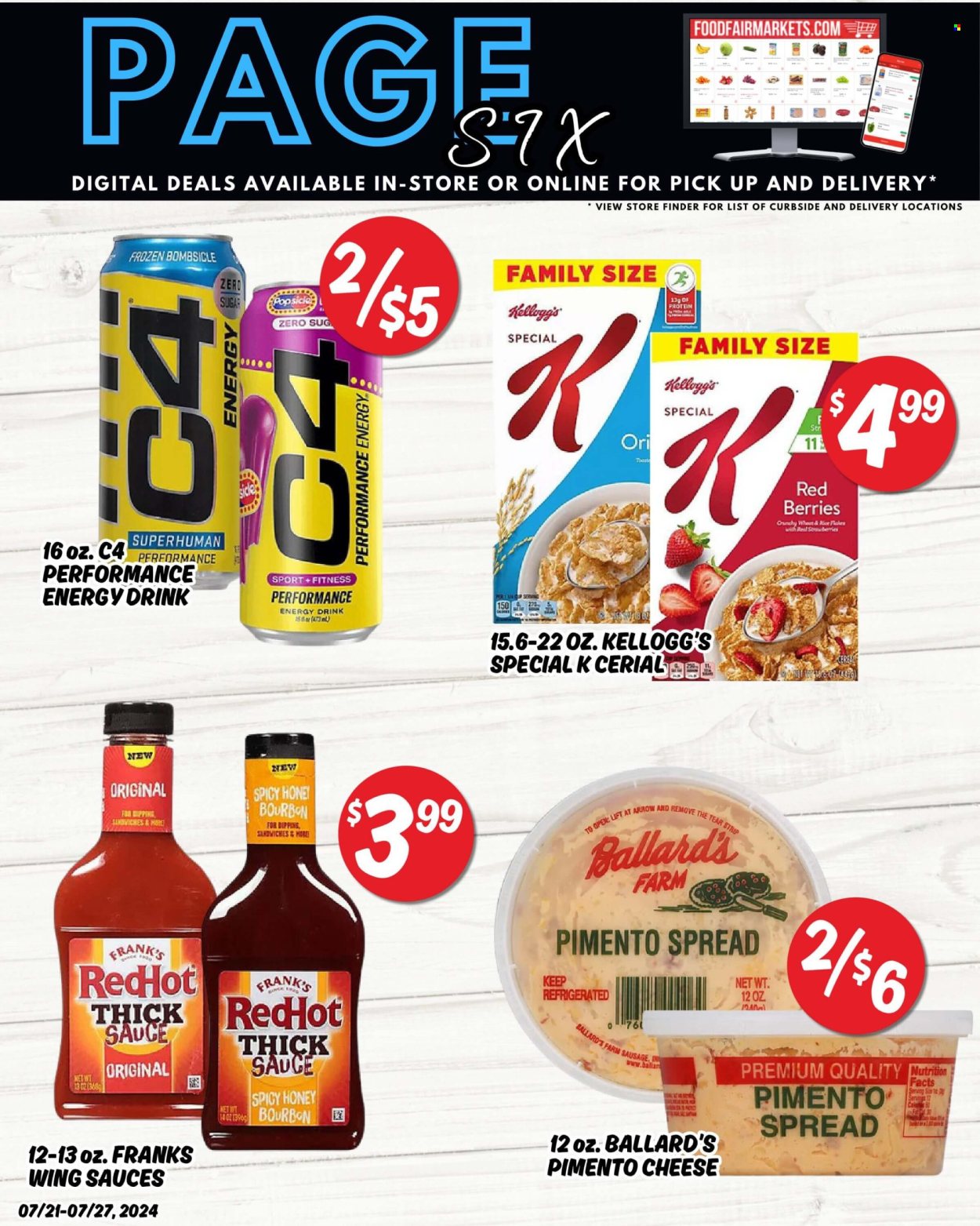 thumbnail - Food Fair Market Flyer - 07/21/2024 - 07/27/2024 - Sales products - sandwich, sausage, frankfurters, cheese, popsicle, Kellogg's, corn flakes, sauce, energy drink, alcohol, bourbon. Page 6.