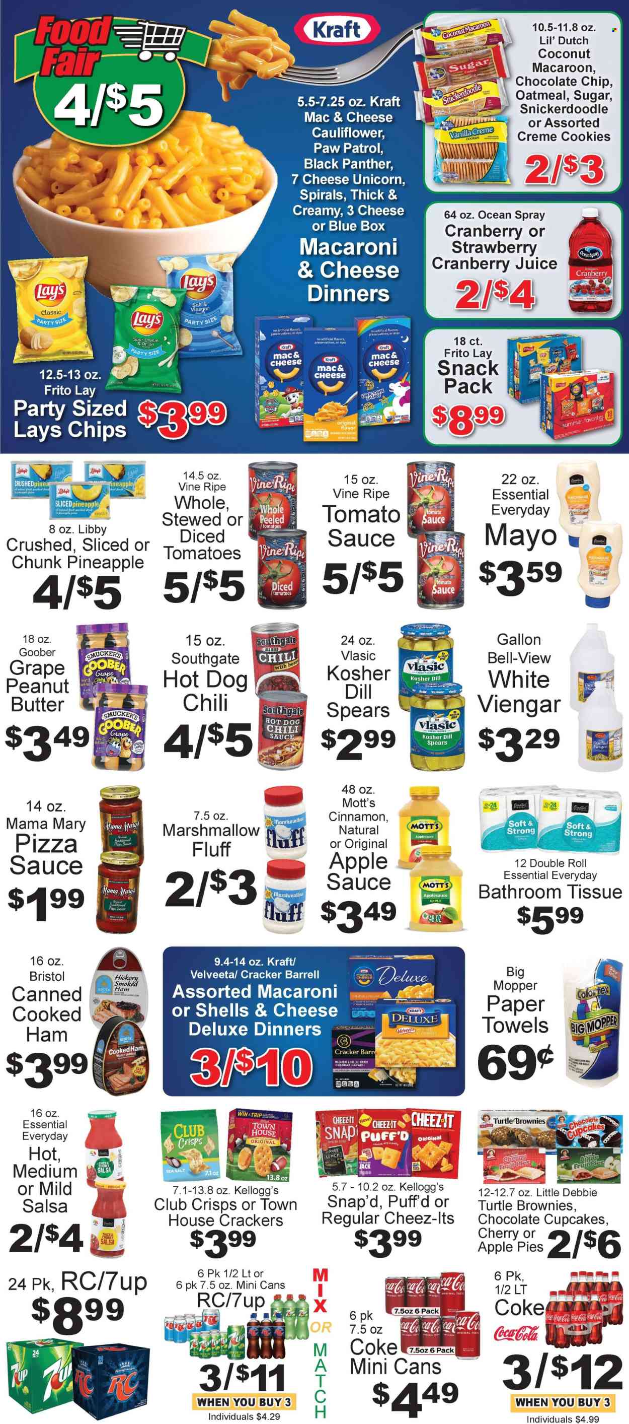 thumbnail - Food Fair Market Flyer - 07/21/2024 - 07/27/2024 - Sales products - pie, cupcake, brownies, Mott's, mac and cheese, pasta, Kraft®, ready meal, cooked ham, Havarti, Velveeta, mayonnaise, cookies, marshmallows, Paw Patrol, crackers, Kellogg's, Fritos, Lay’s, Frito-Lay, Ruffles, salty snack, crisps, oatmeal, tomato sauce, chili beans, diced tomatoes, pizza sauce, peeled tomatoes, cinnamon, chilli sauce, salsa, sauce, apple sauce, Coca-Cola, cranberry juice, pineapple juice, juice, soft drink, Royal Crown, 7UP, Coke, water, carbonated soft drink, vitamin c. Page 4.