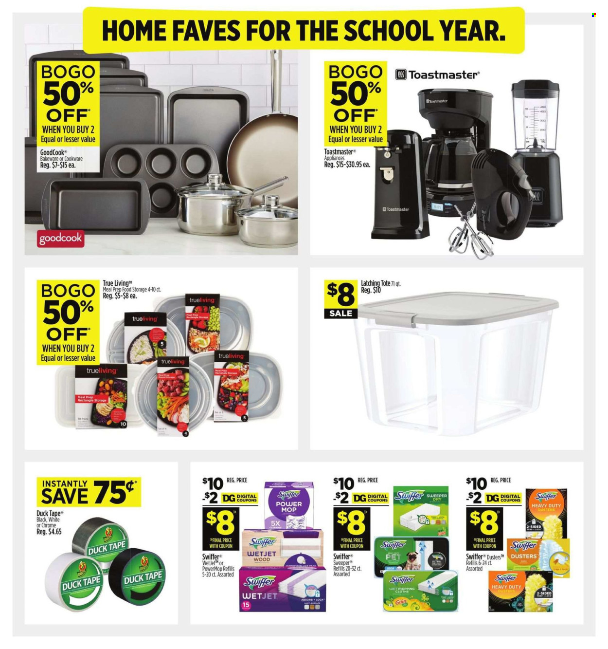 thumbnail - Dollar General Flyer - 07/21/2024 - 07/27/2024 - Sales products - tote, poultry meat, Gain, Swiffer, mop, duster, WetJet, mop pad, cloths, cookware set, bakeware, meal box, duck tape. Page 5.