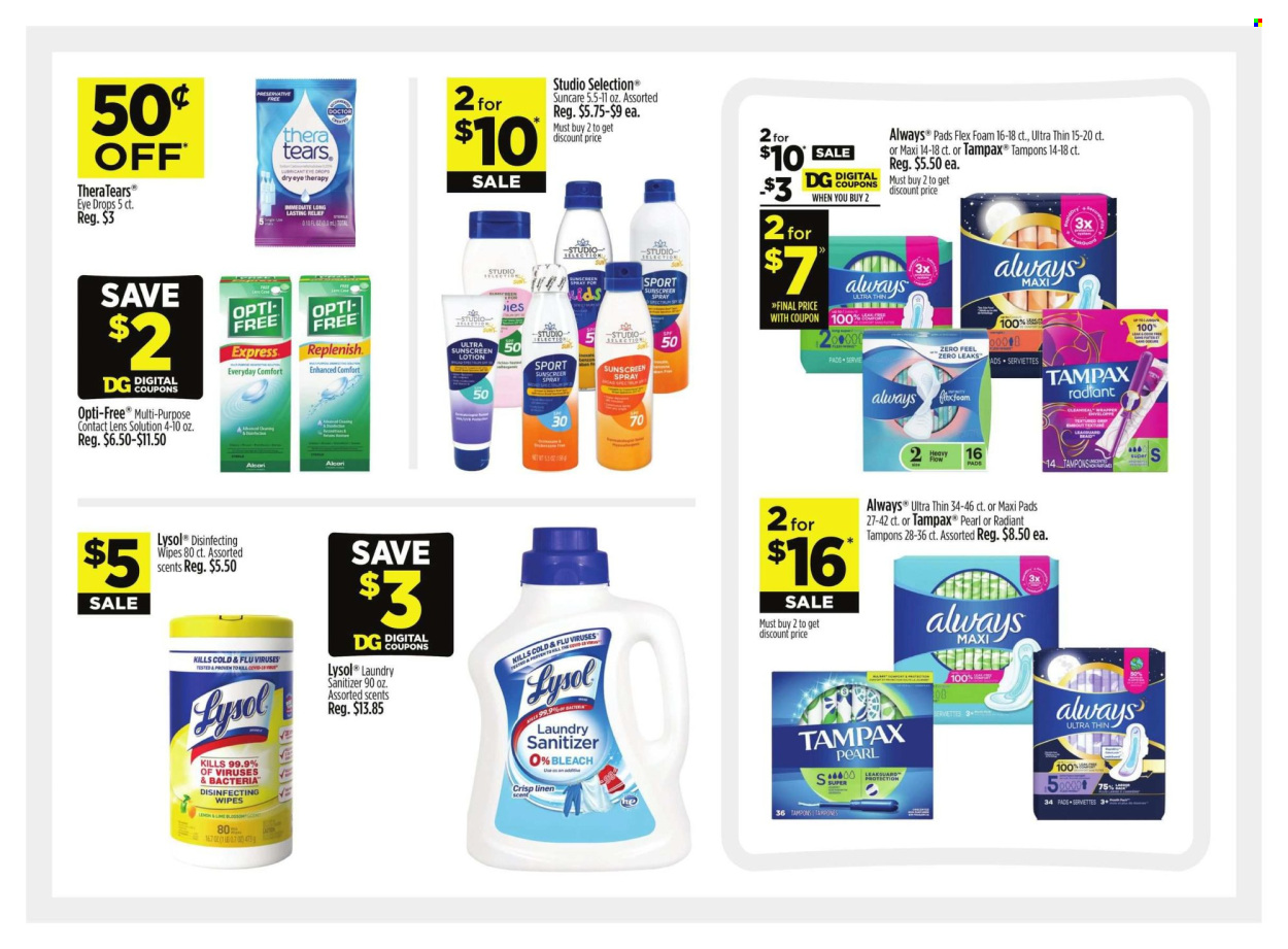 thumbnail - Dollar General Flyer - 07/21/2024 - 07/27/2024 - Sales products - Blossom, cleansing wipes, wipes, pads, bleach, Lysol, laundry detergent, Tampax, Always pads, sanitary pads, tampons, sunscreen lotion, wrapper, linens, eye drops, Spectrum, contact lens solution. Page 8.