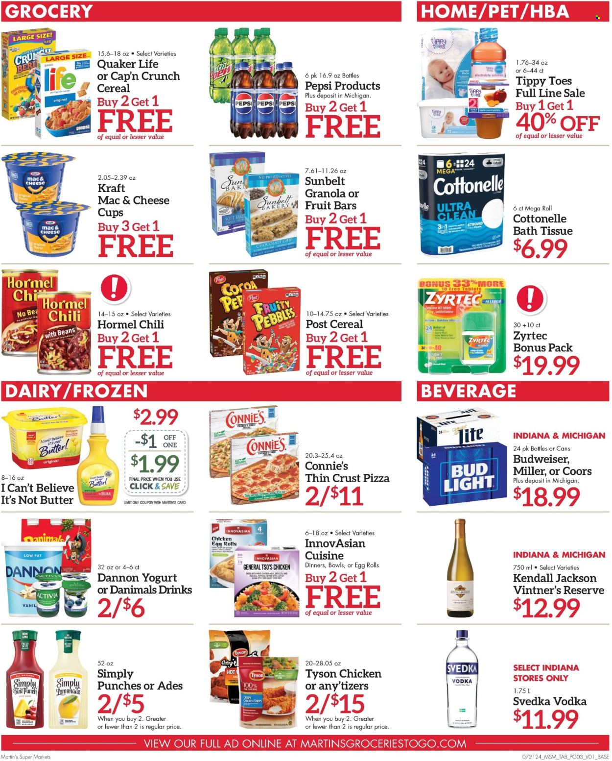 thumbnail - Martin’s Flyer - 07/21/2024 - 07/27/2024 - Sales products - Fruity Pebbles, sweet potato, red peppers, mac and cheese, pizza, egg rolls, Quaker, chicken strips, Kraft®, Hormel, ready meal, yoghurt, Activia, Dannon, Danimals, snack bar, yoghurt drink, margarine, I Can't Believe It's Not Butter, fruit bar, bars, chili beans, cereals, granola bar, Cap'n Crunch, lemonade, Pepsi, juice, fruit drink, soft drink, fruit punch, carbonated soft drink, alcohol, vodka, beer, Budweiser, Bud Light, wipes, bath tissue, Cottonelle, bowl, Coors. Page 3.