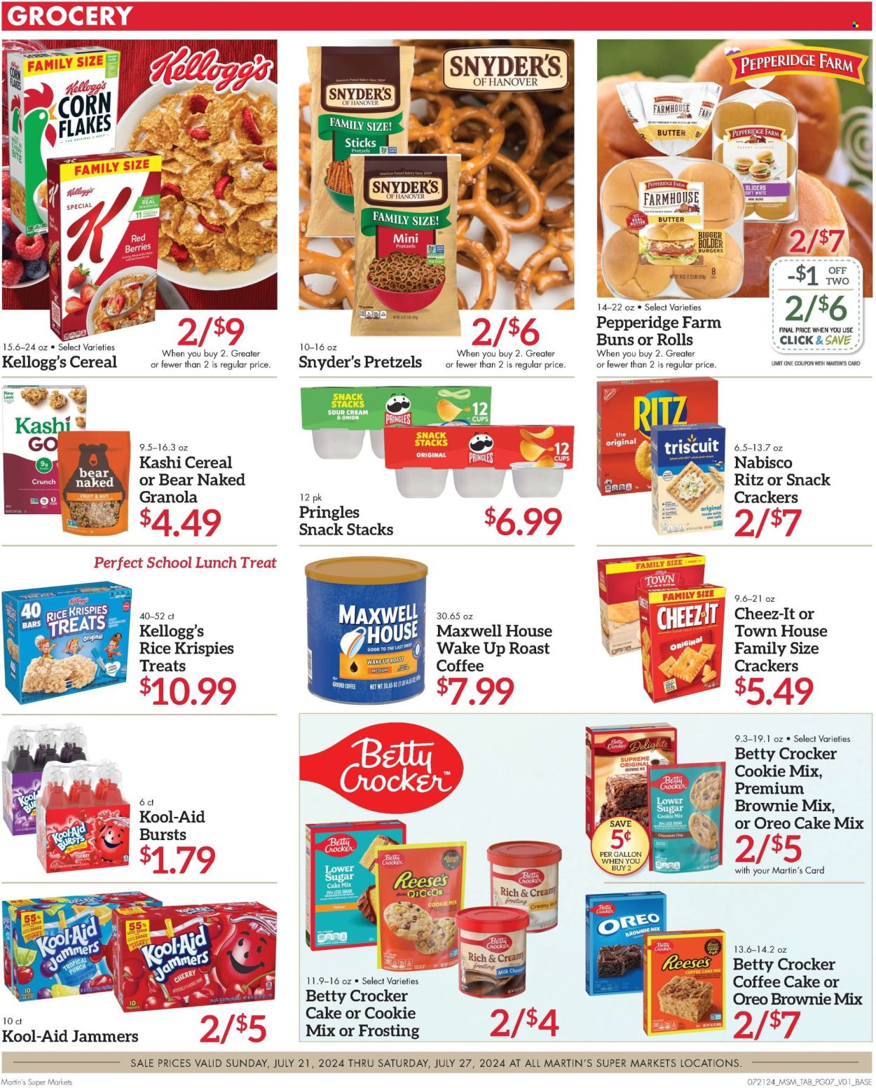 thumbnail - Martin’s Flyer - 07/21/2024 - 07/27/2024 - Sales products - pretzels, buns, coffee cake, brownie mix, cake mix, hamburger, Oreo, milk, butter, Reese's, cookies, crackers, Kellogg's, RITZ, Nabisco, Pringles, Cheez-It, salty snack, frosting, baking mix, cereals, granola, corn flakes, fruit drink, fruit punch, flavored drink, soda, Maxwell House, ground coffee. Page 7.