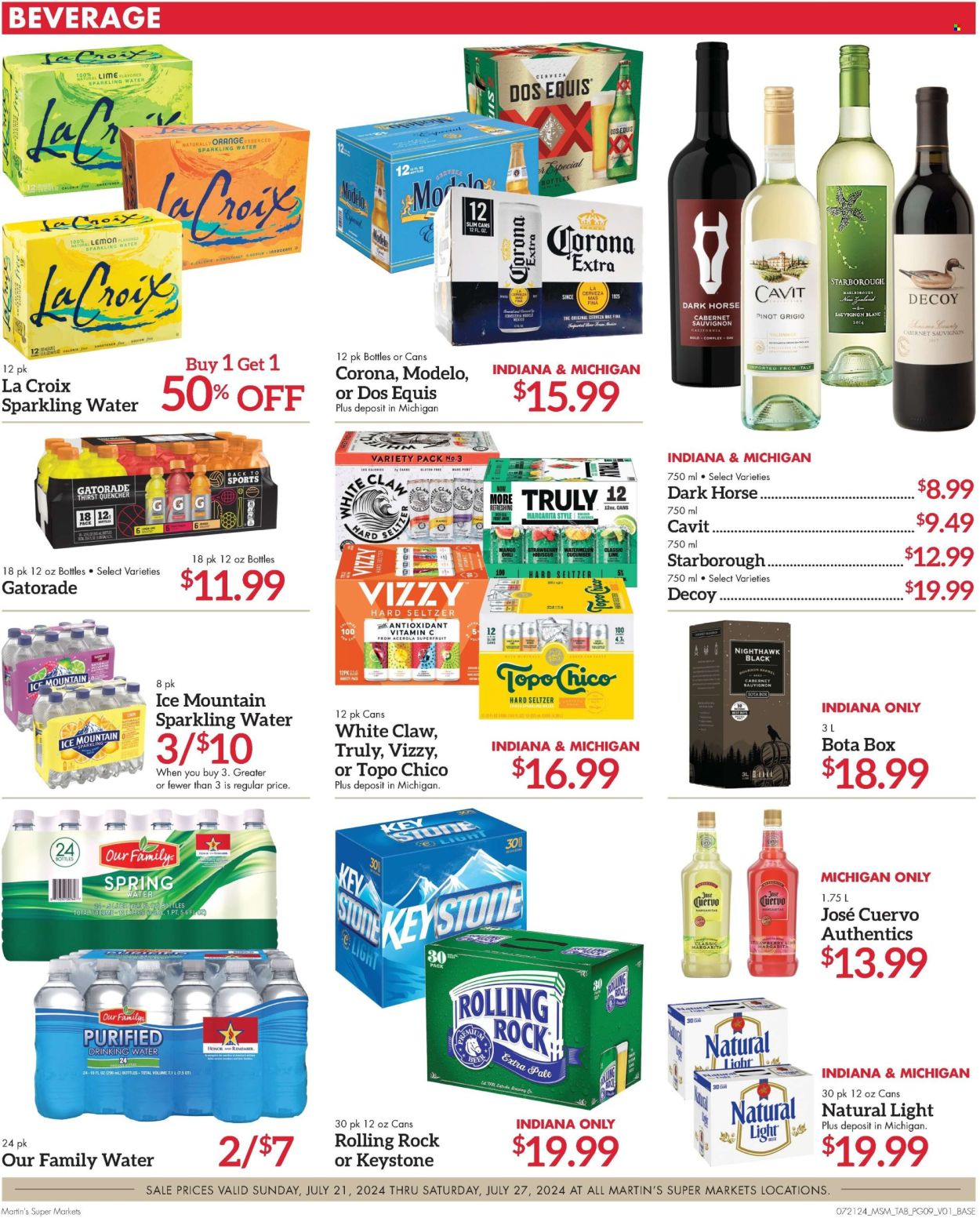 thumbnail - Martin’s Flyer - 07/21/2024 - 07/27/2024 - Sales products - bread, cucumber, sweetener, Gatorade, electrolyte drink, spring water, purified water, Ice Mountain, water, cocktail, Cabernet Sauvignon, red wine, white wine, wine, alcohol, Pinot Grigio, Sauvignon Blanc, tequila, White Claw, Hard Seltzer, TRULY, beer, Corona Extra, Keystone, Modelo, Topo Chico, Dos Equis. Page 9.
