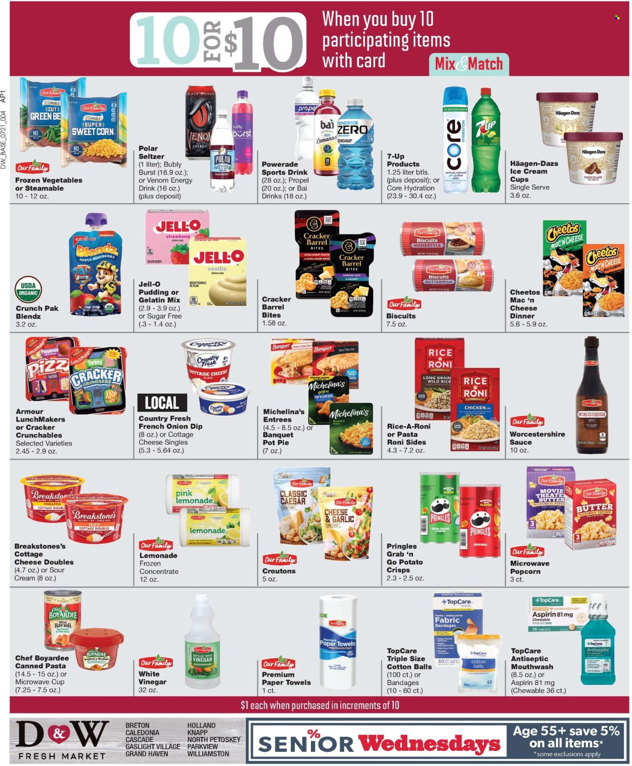 thumbnail - D&W Fresh Market Flyer - 07/21/2024 - 07/27/2024 - Sales products - pot pie, dessert, pie crust, jalapeño, sweet corn, mac and cheese, ravioli, spaghetti, pasta sauce, meatballs, snack, pasta sides, spaghetti sauce, ready meal, rice sides, pepperoni, cottage cheese, Havarti, pudding, dip, Häagen-Dazs, frozen vegetables, biscuit, potato crisps, Pringles, Cheetos, popcorn, crisps, croutons, pie filling, Jell-O, Chef Boyardee, long grain rice, worcestershire sauce, sauce, vinegar, lemonade, Powerade, energy drink, soft drink, 7UP, Bai, electrolyte drink, antioxidant drink, seltzer water, flavored water, purified water, water, lemon juice, carbonated soft drink, chicken, cotton balls, kitchen towels, paper towels, Cascade, mouthwash, Low Dose, aspirin, Bayer, pain therapy. Page 2.