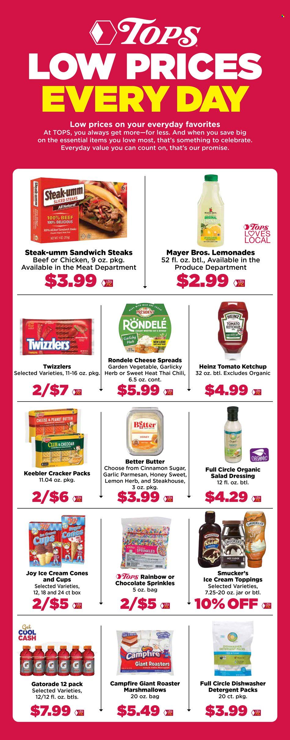 thumbnail - Tops Flyer - 07/21/2024 - 07/27/2024 - Sales products - lemons, ready meal, cheddar, Président, ice cones, marshmallows, crackers, Keebler, sweets, topping, sprinkles, Heinz, salad dressing, ketchup, dressing, honey, peanut butter, syrup, lemonade, Gatorade, electrolyte drink, detergent, dishwasher cleaner. Page 1.