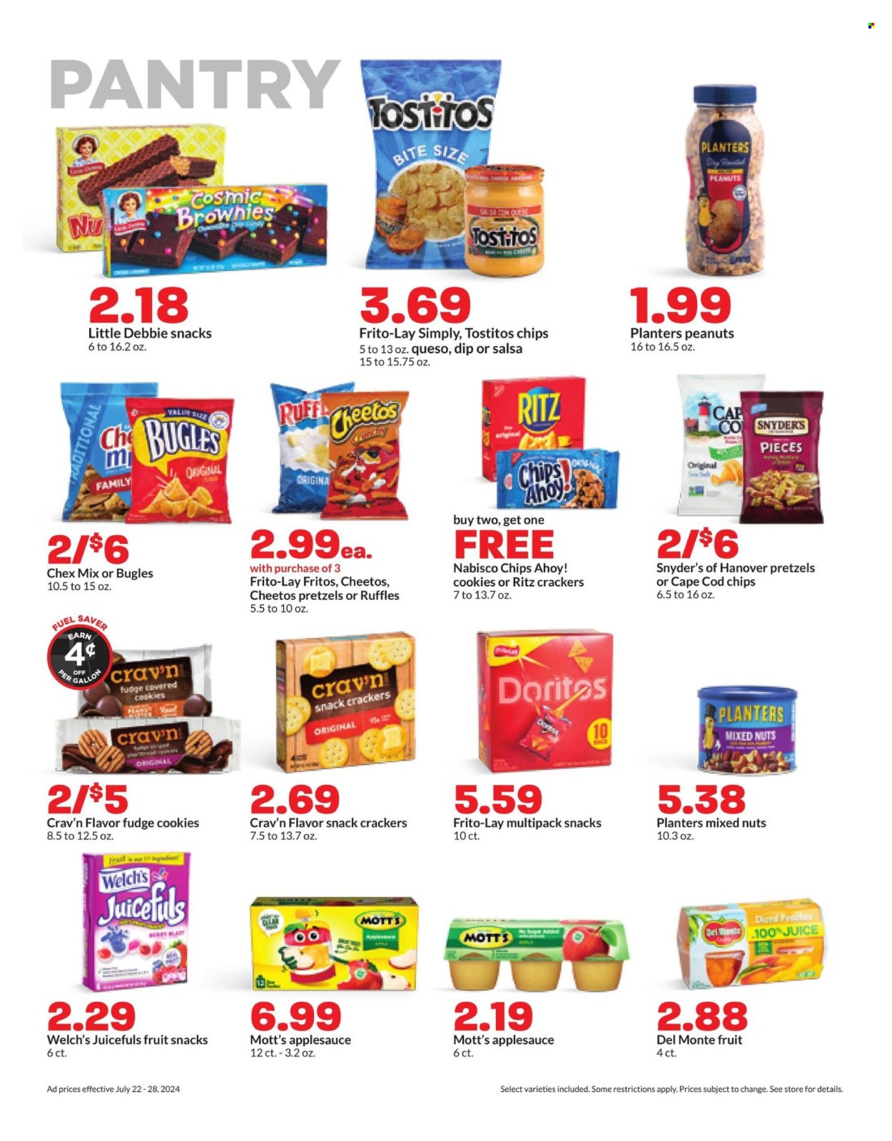 thumbnail - Hy-Vee Flyer - 07/22/2024 - 07/28/2024 - Sales products - pretzels, brownies, Welch's, Mott's, snack, dip, cookies, crackers, fruit snack, Chips Ahoy!, snack cake, RITZ, Nabisco, Doritos, Fritos, Cheetos, Frito-Lay, Ruffles, Tostitos, Chex Mix, salty snack, Del Monte, salsa, sauce, apple sauce, peanuts, mixed nuts, Planters, juice, cap. Page 13.