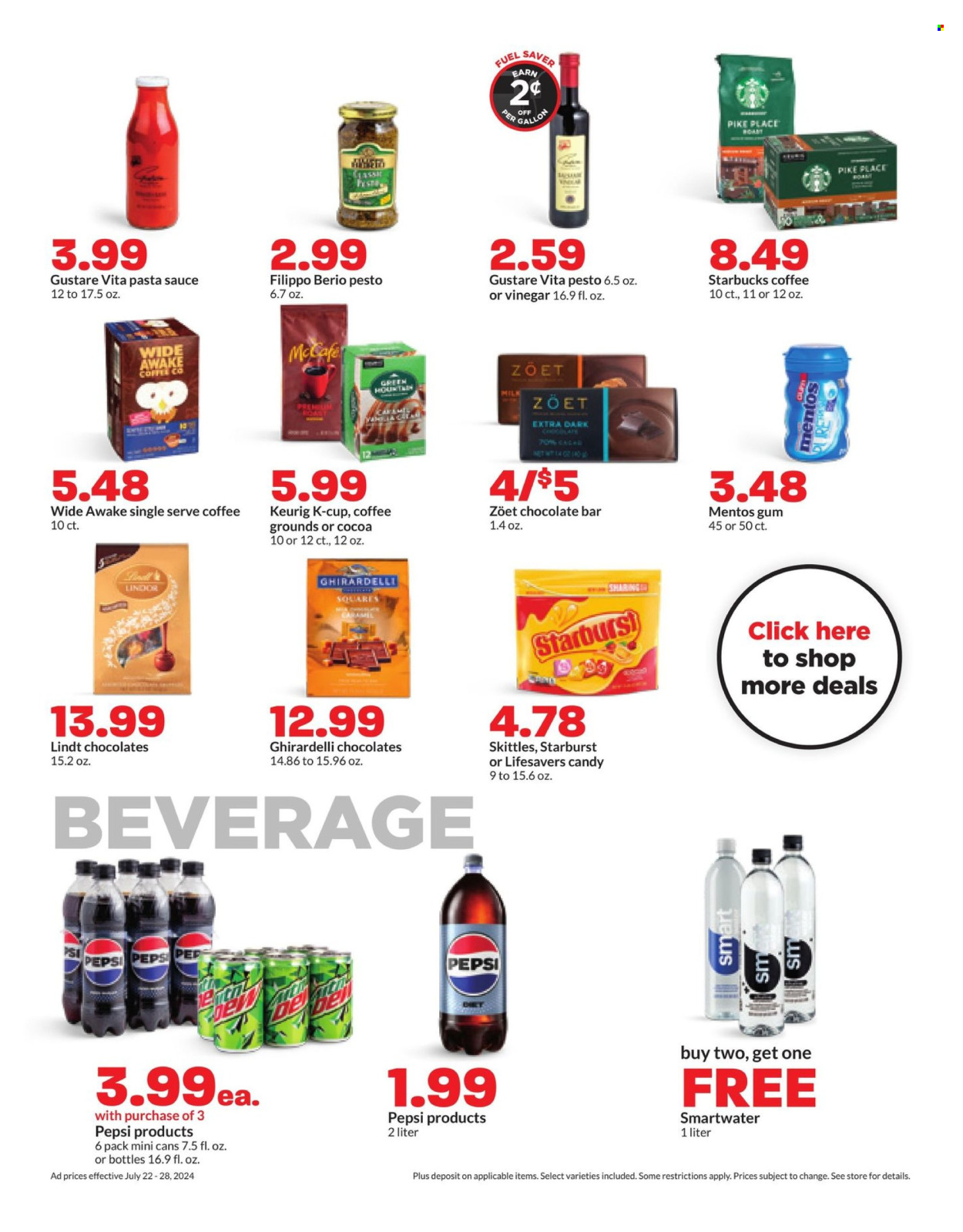 thumbnail - Hy-Vee Flyer - 07/22/2024 - 07/28/2024 - Sales products - pasta sauce, spaghetti sauce, milk, Mentos, Lindt, Lindor, chewing gum, Skittles, Ghirardelli, Starburst, chocolate bar, Candy, caramel, pesto, vinegar, Pepsi, soft drink, bottled water, Smartwater, water, carbonated soft drink, Starbucks, coffee capsules, McCafe, K-Cups, Keurig. Page 15.