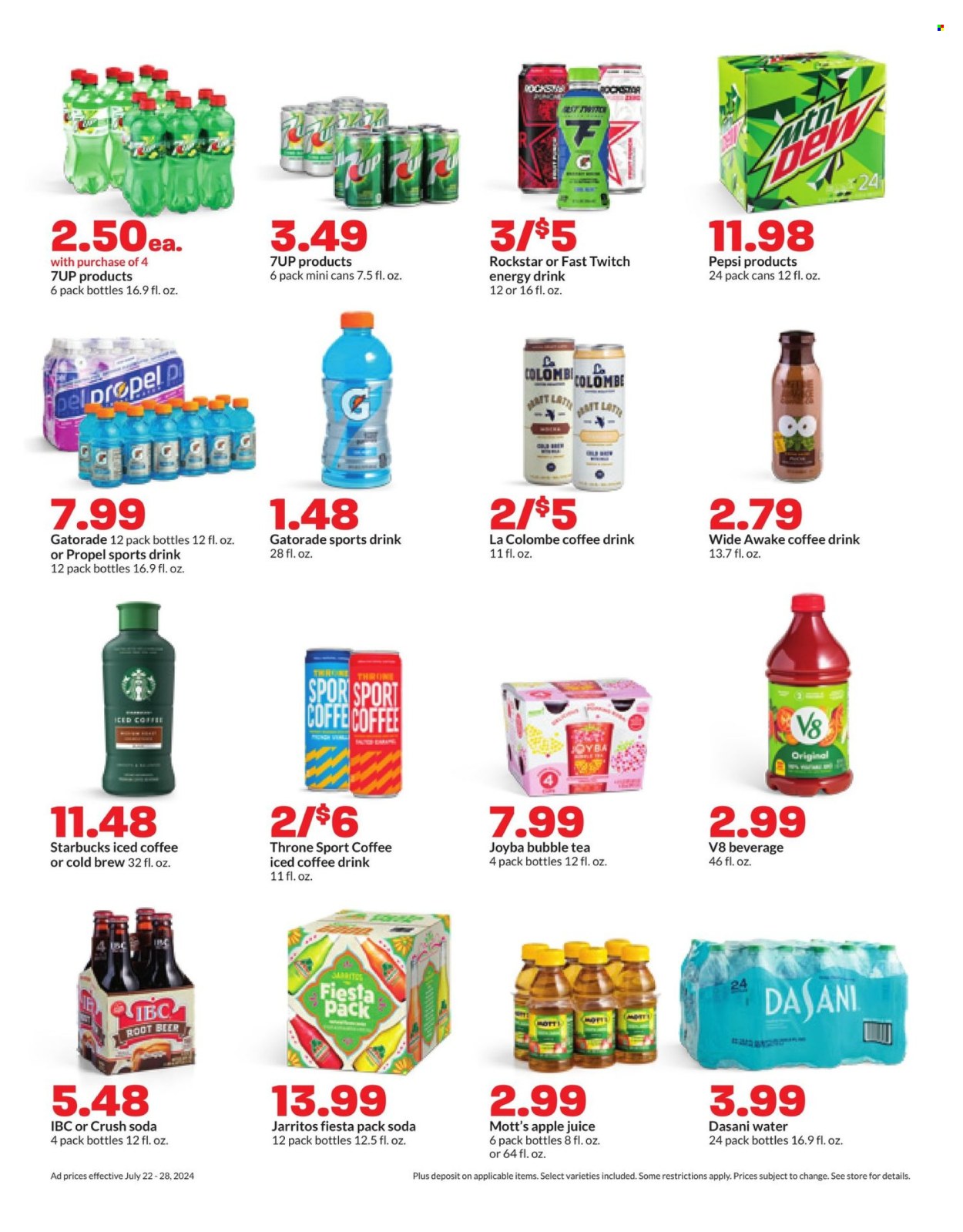 thumbnail - Hy-Vee Flyer - 07/22/2024 - 07/28/2024 - Sales products - Mott's, apple juice, Pepsi, juice, energy drink, soft drink, 7UP, Rockstar, Gatorade, electrolyte drink, flavored water, soda, bottled water, water, iced coffee, carbonated soft drink, coffee drink, tea, bubble tea, Starbucks, alcohol, beer. Page 16.